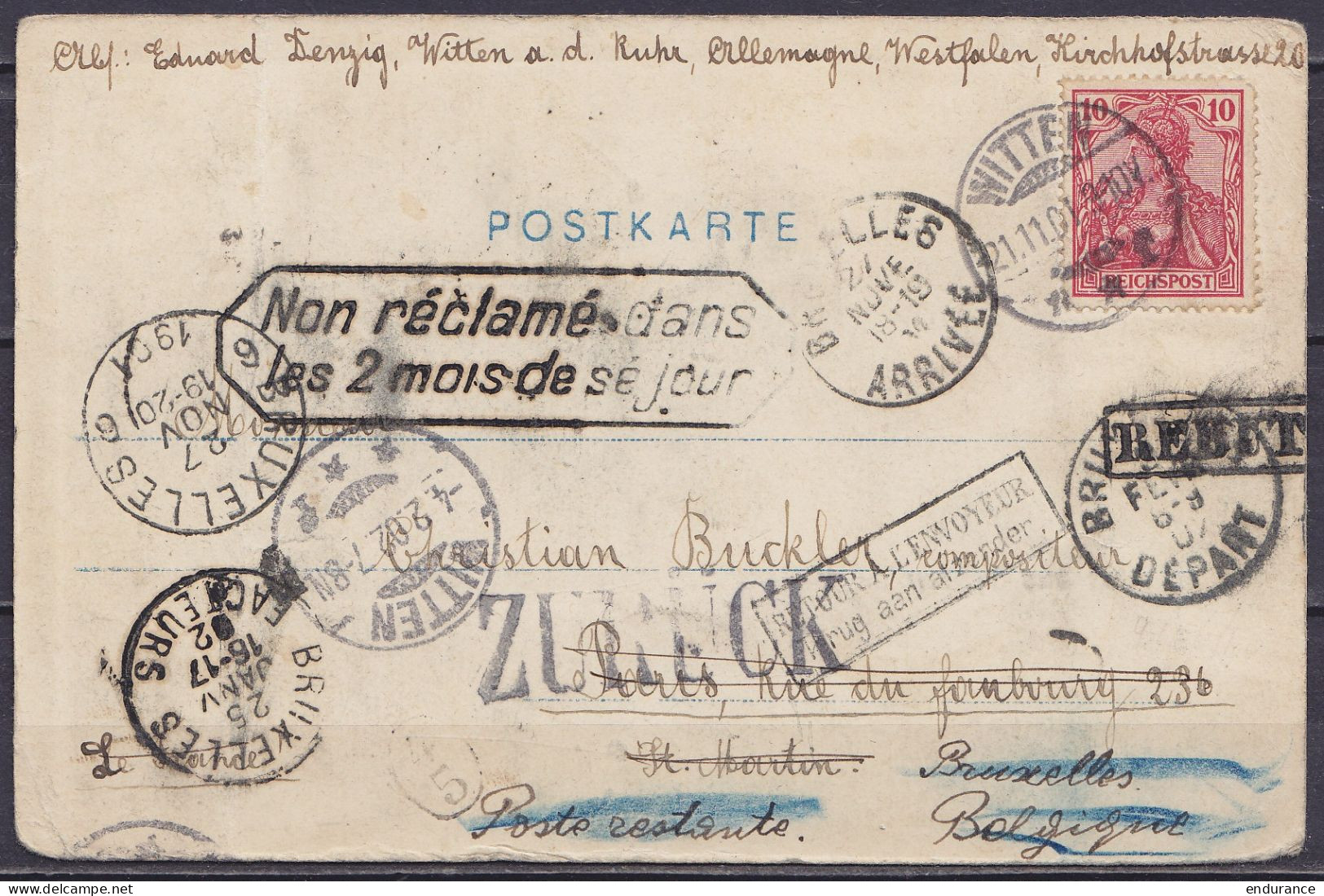 Allemagne - CP Affr. 10pf Càpt WITTEN /21.11.1901 Pour PARIS Réexpédiée à BRUXELLES - Différents Càd BRUXELLES - Cachet  - 1893-1907 Armarios