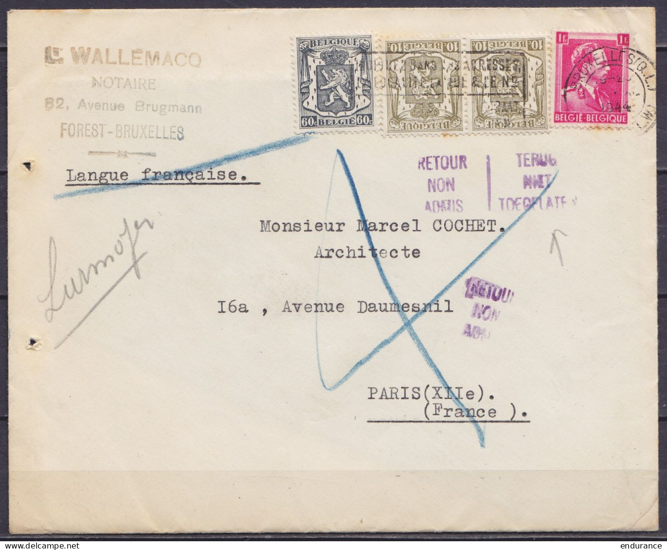 LAC Affr. 2x N°420 + N°527+528 Flam. BRUXELLES (Q.L.) /?? 1944 Pour PARIS XIIe - Retour - Griffe "RETOUR NON ADMIS / TER - 1935-1949 Small Seal Of The State