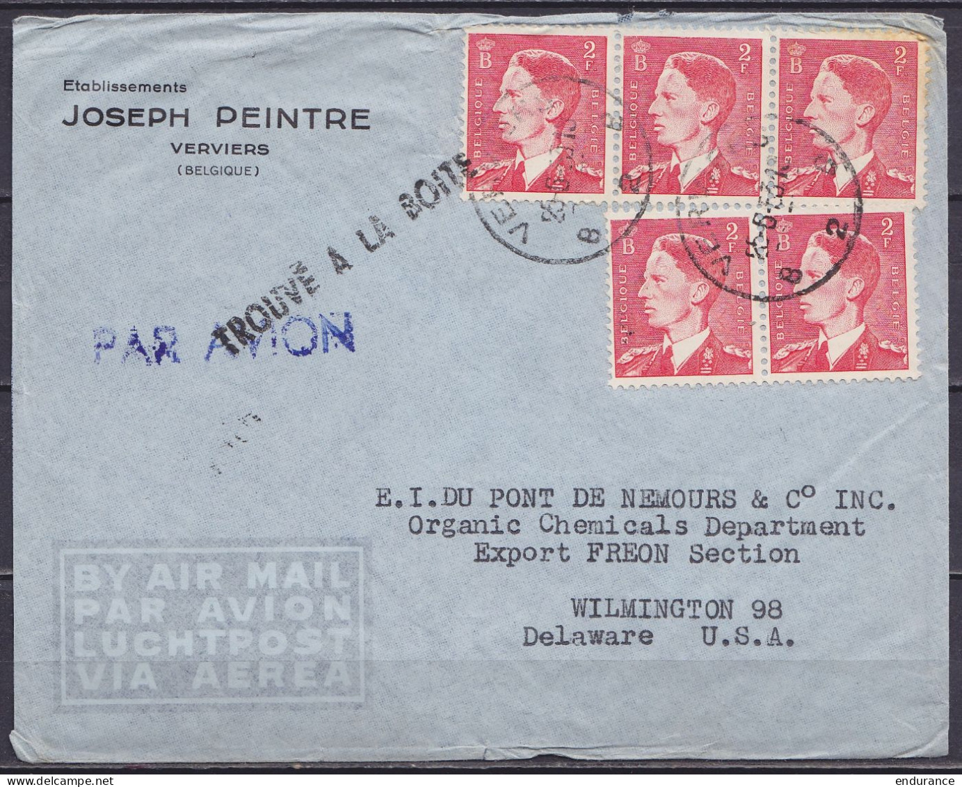 L. Par Avion Affr. 5x N°910 Càd VERVIERS 2B /25-5-1953 Pour WILMINGTON Delaware USA - Griffes "TROUVE A LA BOITE" & "PAR - Lettres & Documents