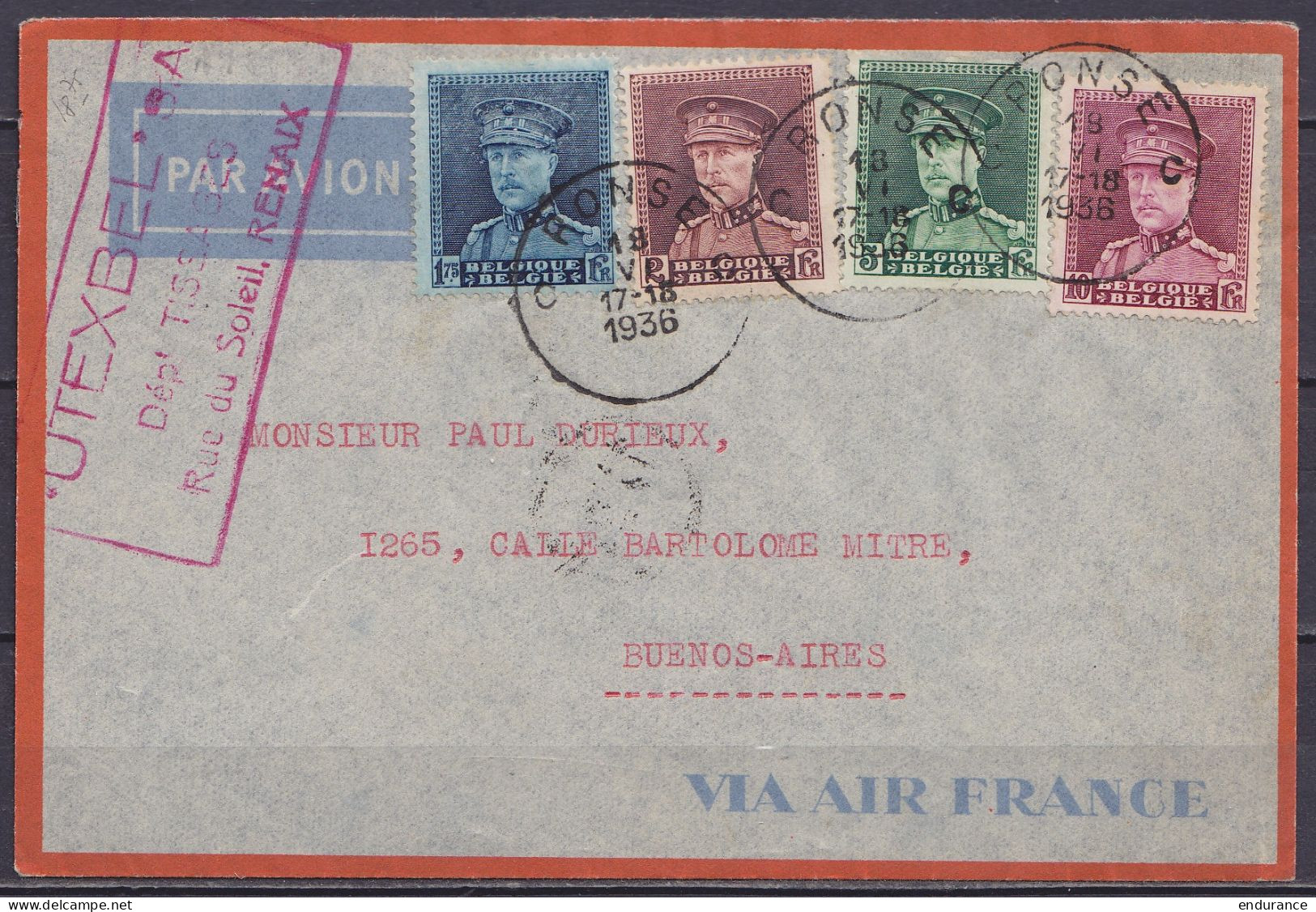 L. Par Avion Affr. N°320+321+323+324 Càd RONSE C /18 VI 1936 Pour BUENOS AIRES Argentine / Enveloppe "VIA AIR France" (a - 1931-1934 Képi