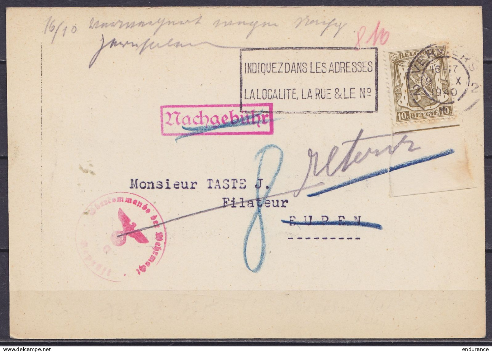 CP Pub "Cerclage J. Crustin" (collectionneur) Affr. N°420 Flam. VERVIERS /9.X 1940 Pour EUPEN - Griffe [Nachaebühr] Barr - 1935-1949 Kleines Staatssiegel