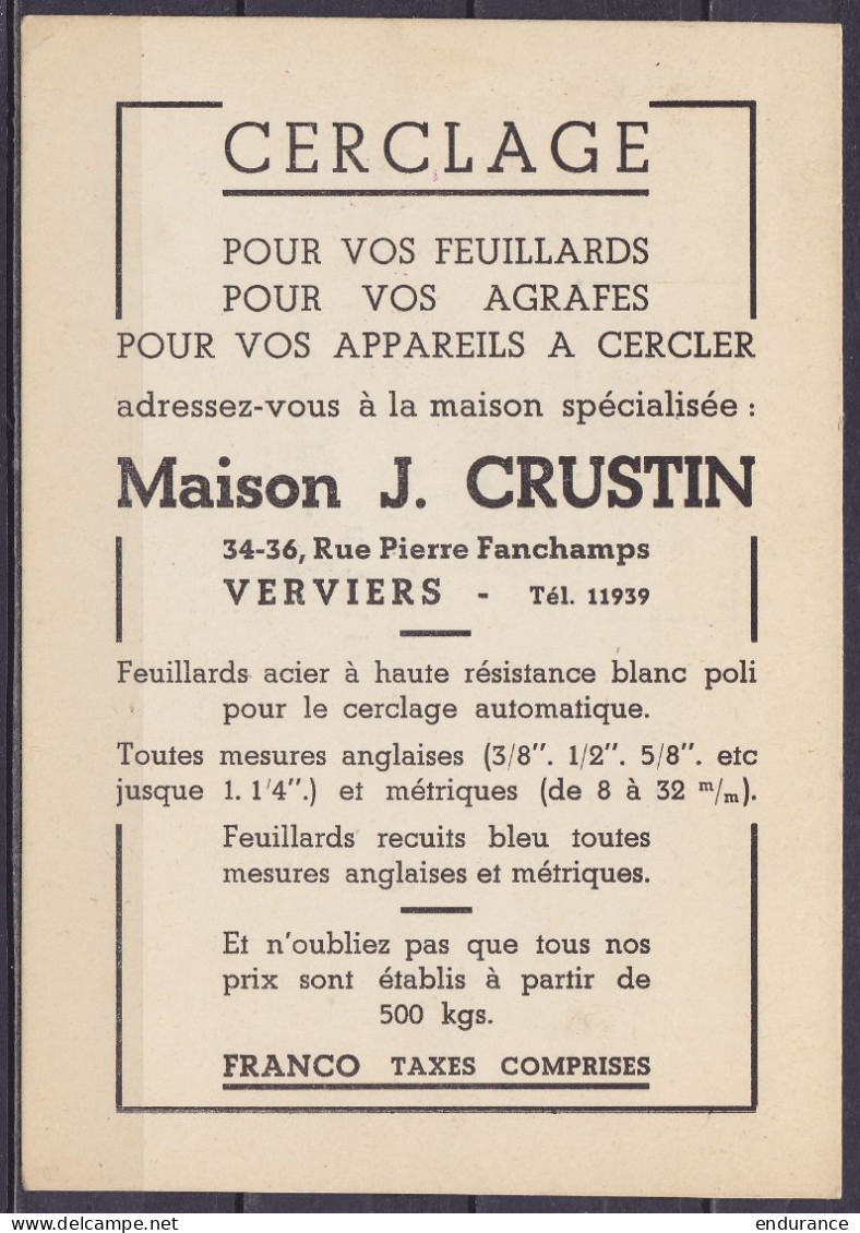 CP Pub "Cerclage J. Crustin" (collectionneur) Affr. N°420 Flam. VERVIERS /9.X 1940 Pour EUPEN - Griffe [Nachaebühr] Barr - 1935-1949 Kleines Staatssiegel