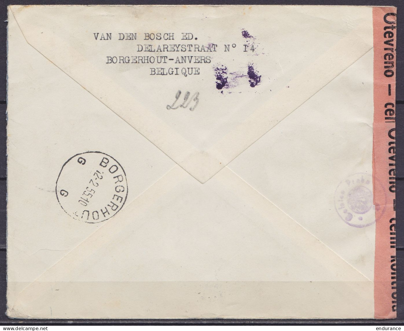 L. Recommandée Affr. N°952+953 + 2xN°954 Càd BORGERHOUT /18-1-1955 Pour HRADEC KRALOVE - Cachet Et Bande Censure Tchécos - Storia Postale