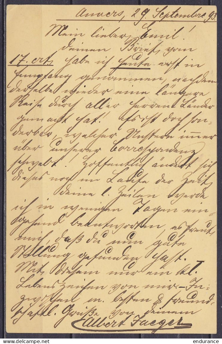 EP CP 5c Vert-gris (N°45) + N°53 + 2x N°54 Càd ANVERS /29 SEPT 1893 Pour LEIPZIG - Càd Arrivée LEIPZIG - 1893-1907 Coat Of Arms