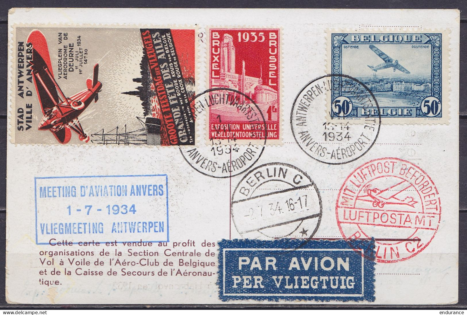 CP "Le Vol à Voile En Belgique" Par Avion Affr. PA1 + N°387 Càd "ANTWERPEN-LUCHTVAARTSTATIE /1 VII 1934/ ANVERS-AEROPORT - Andere & Zonder Classificatie