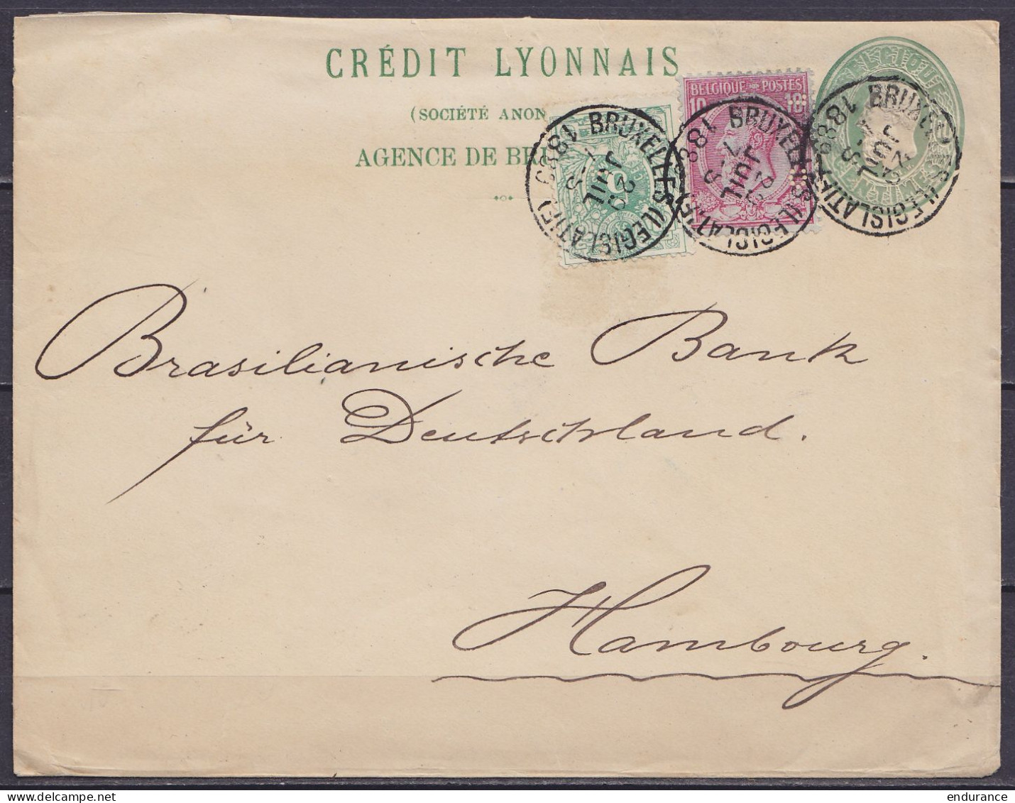 EP Env. Publicitaire "Banque Crédit Lyonnais" 5c Vert Léopold II Oval + N°45+46 Càd BRUXELLES (LEGISLATIF) /20 JUIL 1889 - Briefe