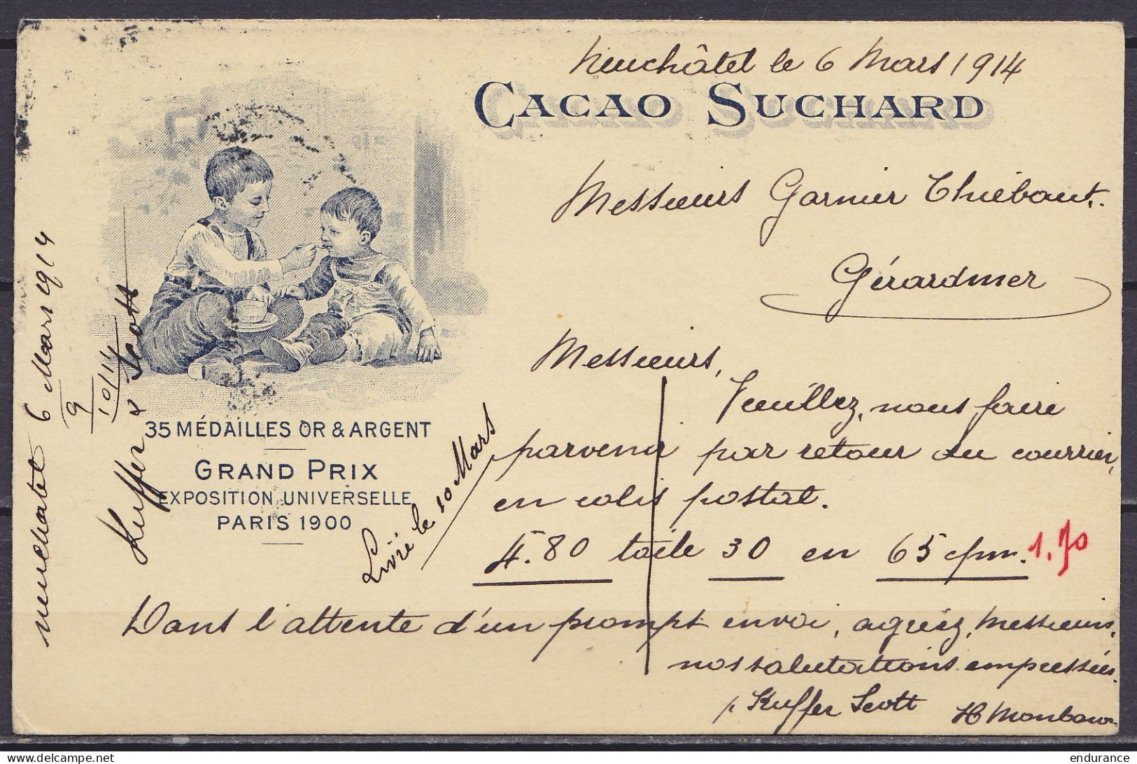 Suisse - EP CP 5c Vert Repiqué Cacao Suchard (deux Enfants Buvant Du Chocolat) + 5c Càpt "NEUCHATEL /-7.III.1914/ TRANS. - Entiers Postaux