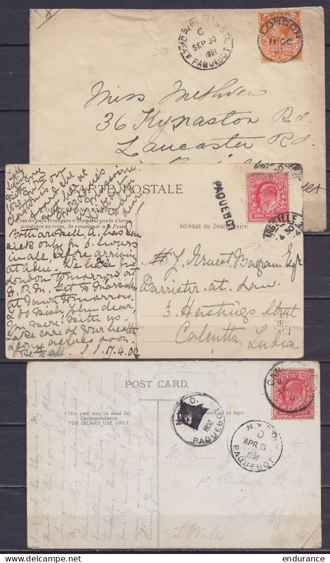 Lot De 5 Cartes + 1 Pli "PAQUEBOT" De Grande-Bretagne, Gibraltar, USA & France Entre 1906 Et 1921 Pour Grande-Bretagne,  - Marcophilie