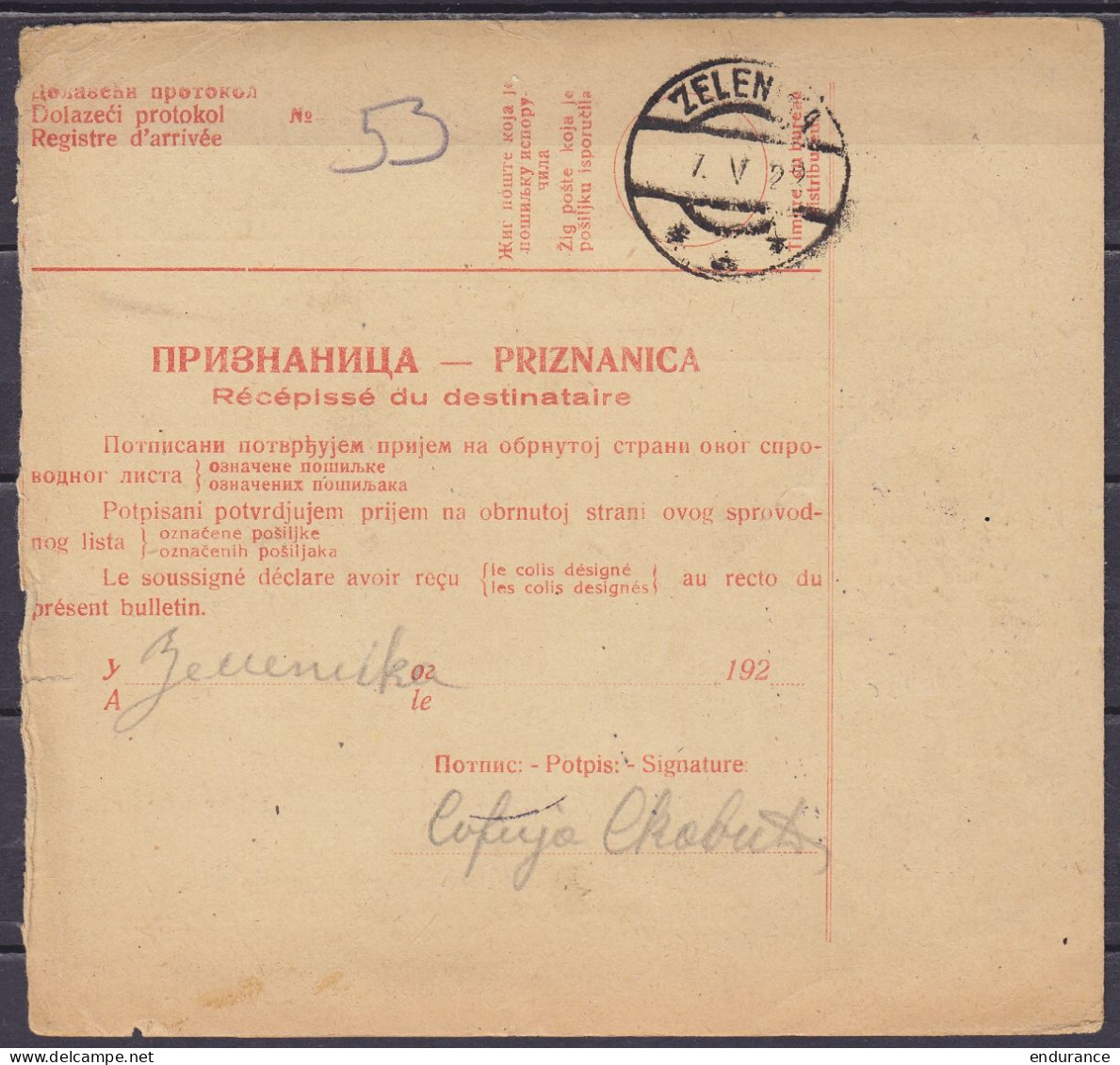 Yougoslavie - Bulletin D'expédition Affr. 22D30 Càpt BANJA LUKA /-2.V.1922 Pour ZELENIKA - Briefe U. Dokumente