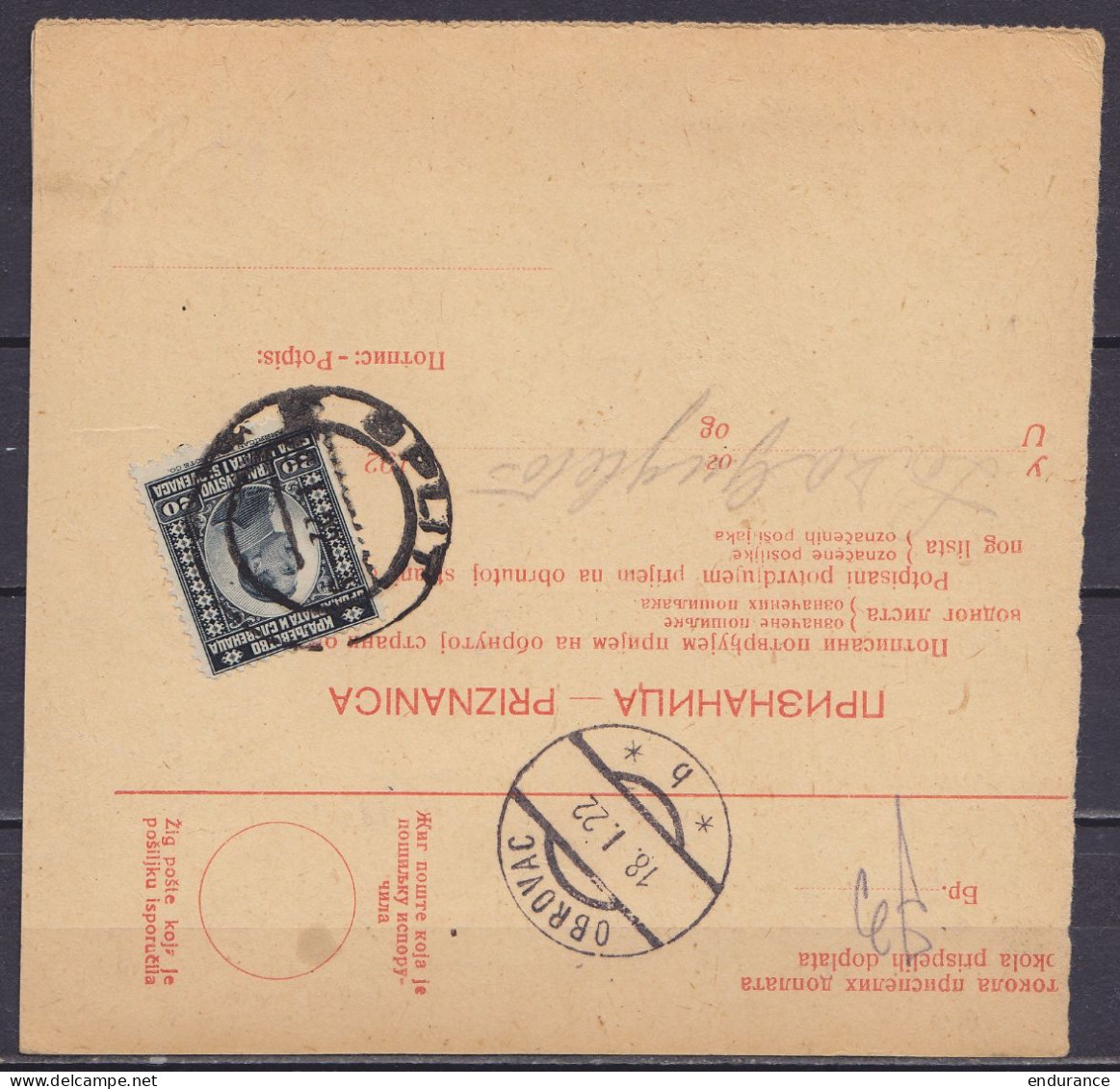 Yougoslavie - Bulletin D'expédition Affr. 15D Càpt SPLIT /9.1.1922 Pour OBROVAC - Covers & Documents