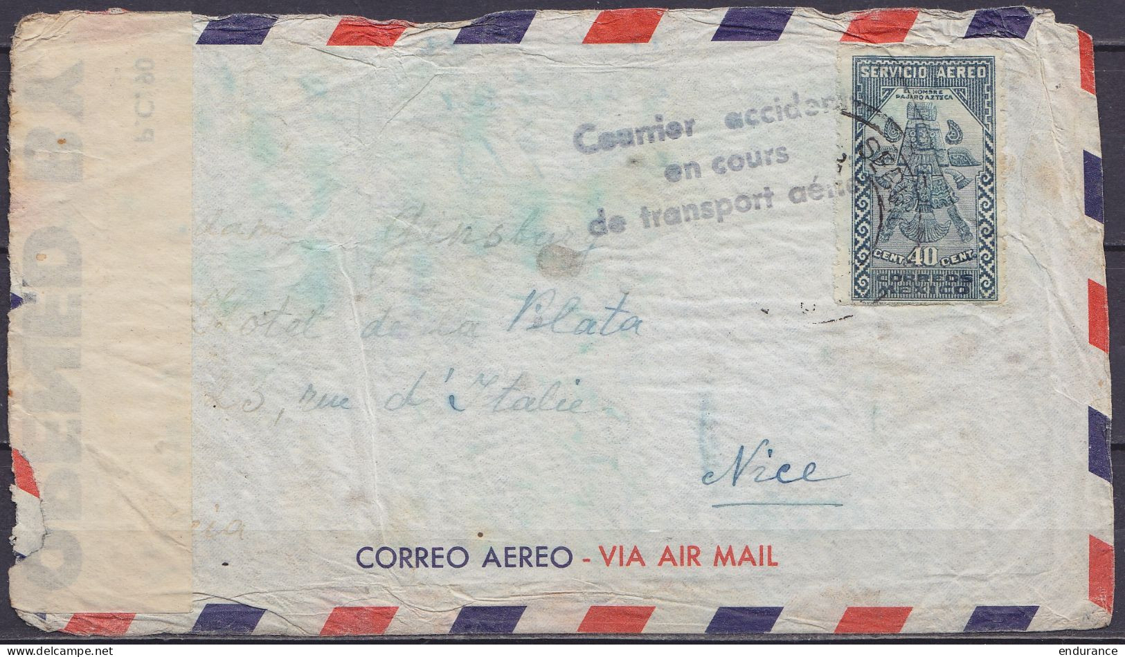 Mexique - L. Par Avion Affr. 40c (Poste Aérienne) De MEXICO Pour NICE - Griffe "Courrier Accidenté / En Cours / De Trans - Unfallpost