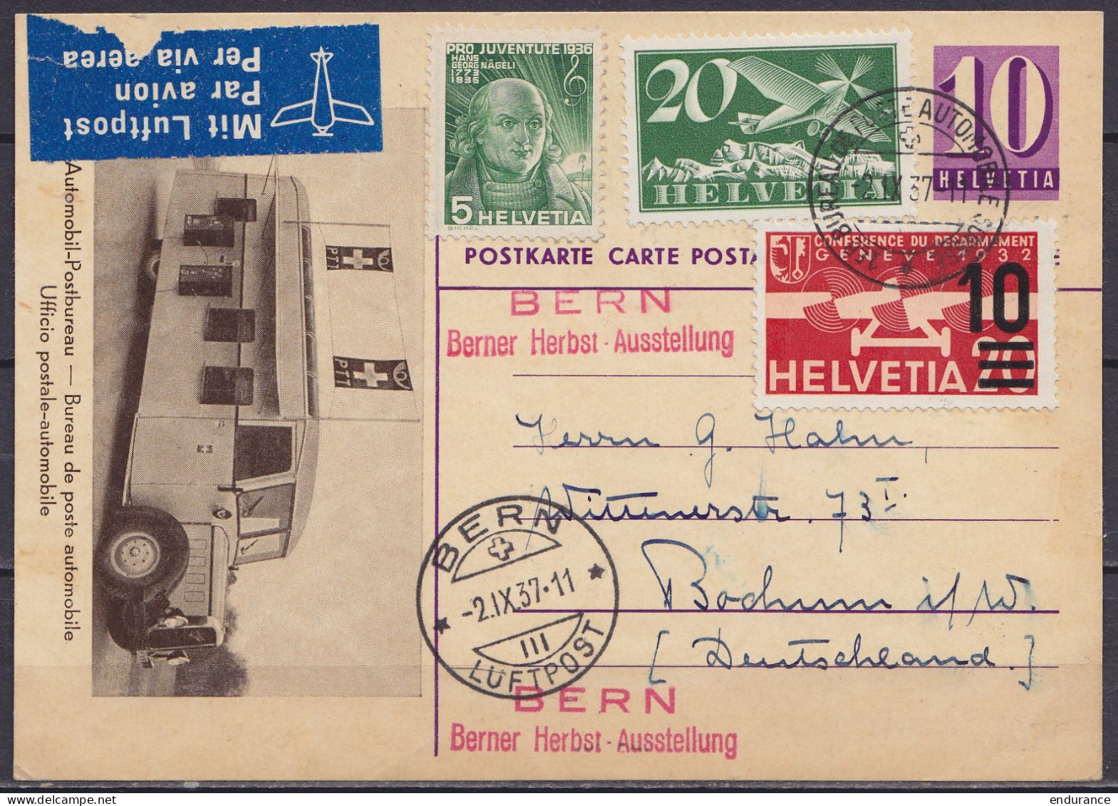 Suisse - EP CP "Bureau De Poste Automobile" 10c + 35c Càpt "1er BUREAU DE POSTE AUTOMOBILE SUISSE /-2.IX.1937" + "BERN / - Stamped Stationery