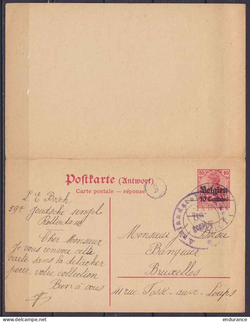 EP Carte-réponse Complète (Postkarte Mit Antwortkarte) 10c Sur 10pf Rouge Càd HASSELT /-9.6.1915 Pour BRUXELLES / Répons - Ocupación Alemana