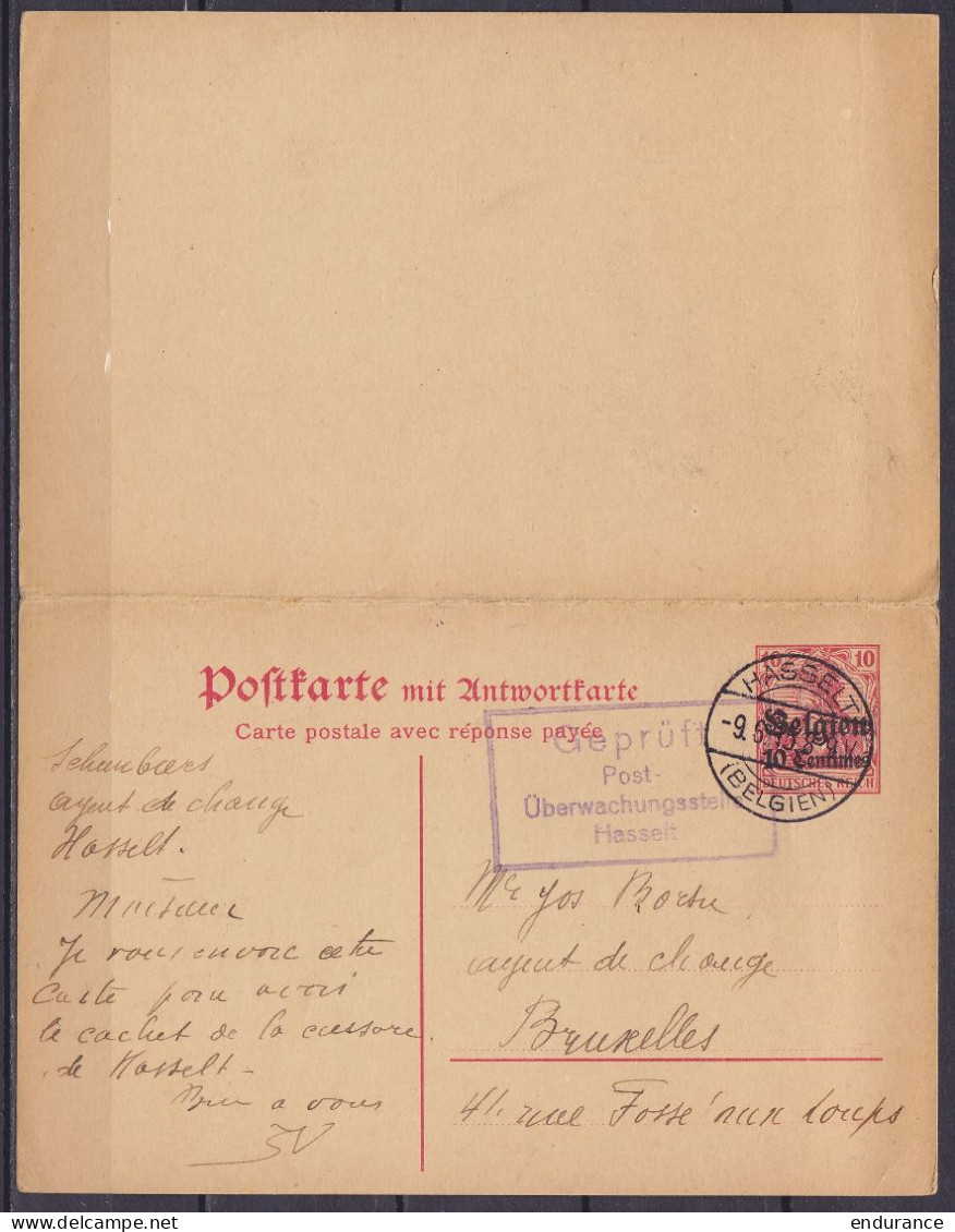 EP Carte-réponse Complète (Postkarte Mit Antwortkarte) 10c Sur 10pf Rouge Càd HASSELT /-9.6.1915 Pour BRUXELLES / Répons - Occupazione Tedesca