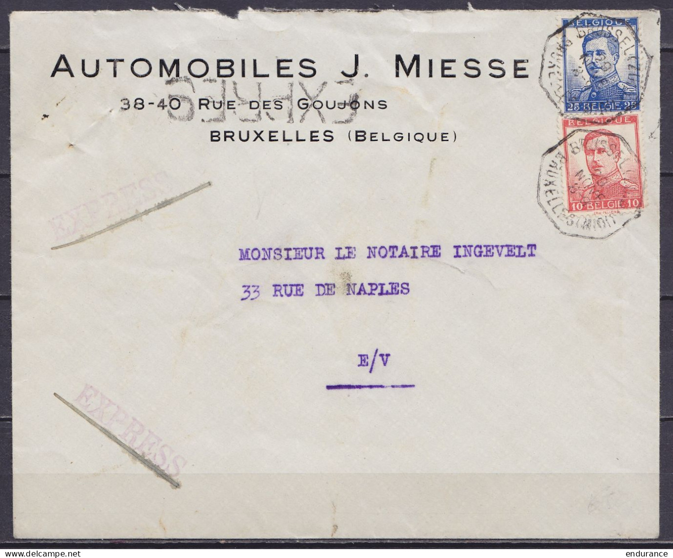 L. "Automobiles Miesse" En Exprès Affr. N°118+120 Càd Octogn. "BRUSSEL (ZUID) /29 NOV 1913/ BRUXELLES (MIDI)" Pour E/V - - 1912 Pellens