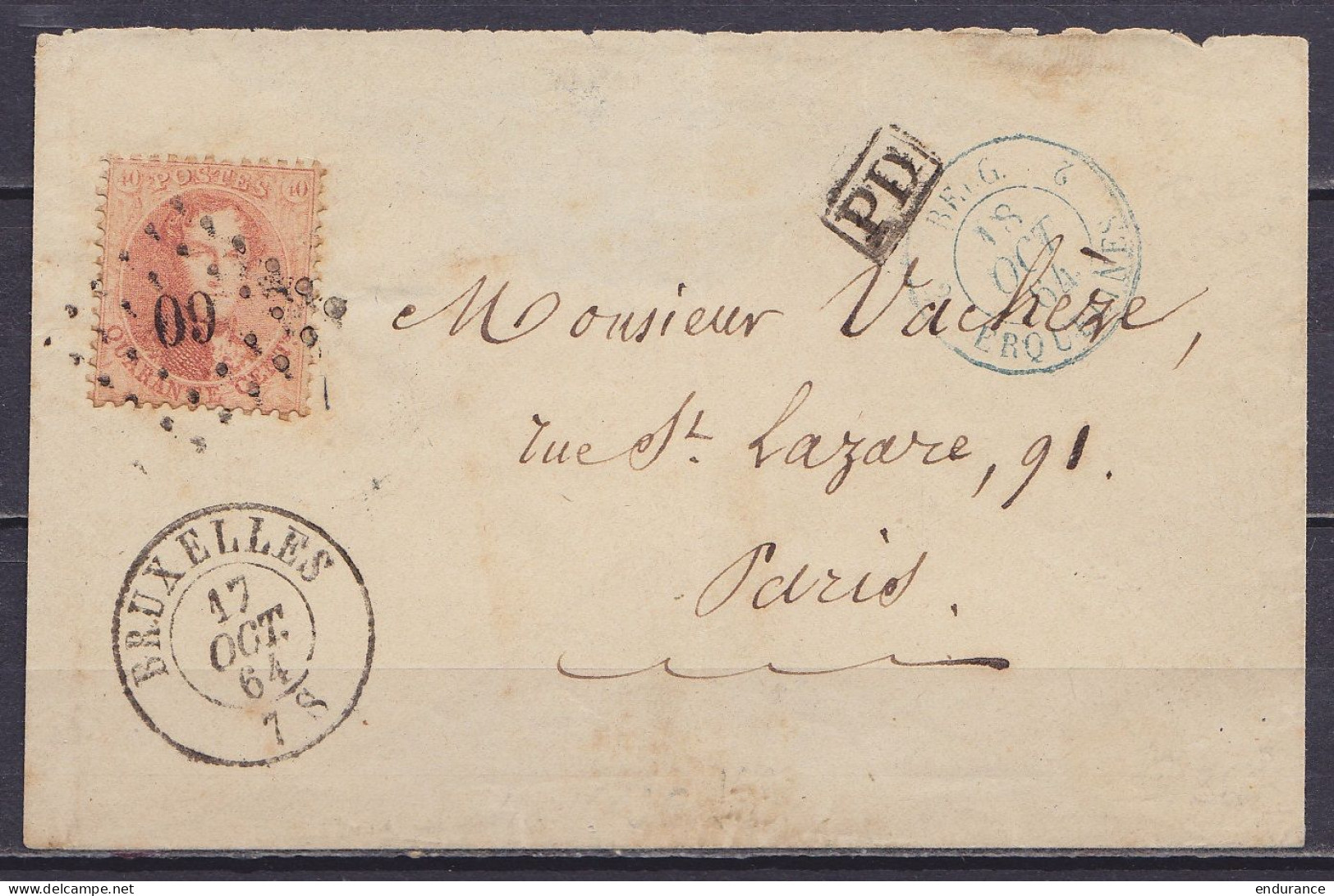 L. Affr. N°16A (carmin-rose Pâle) Lpts "60" Càd BRUXELLES /17 OCT 1864 Pour PARIS - [PD] - Càd Bleu "BELG 2 ERQUELINNES" - 1863-1864 Medaillen (13/16)