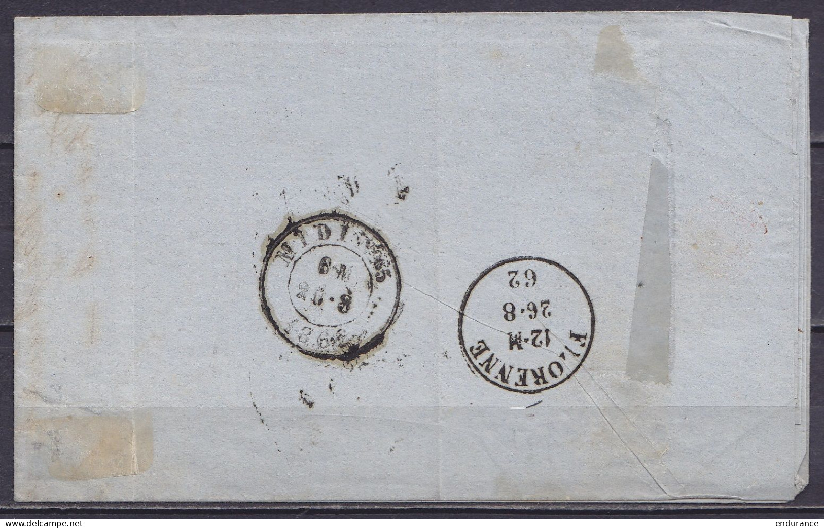 L. Affr. N°11 (2 Voisins) P65 Càd JEMAPPES /25-8-1862 Pour FLORENNES (au Dos: Càd Amb. MIDI N°5 + Arrivée FLORENNE) - 1858-1862 Medallions (9/12)