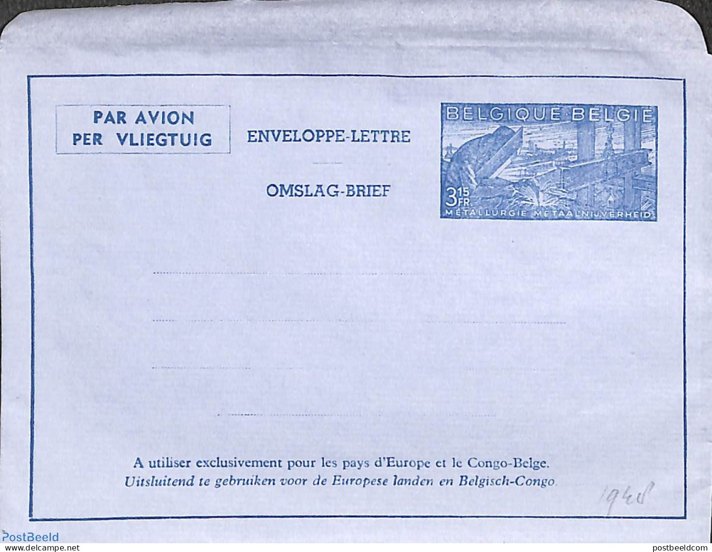 Belgium 1948 Aerogramme 3.15 (French-Dutch), Unused Postal Stationary, Various - Industry - Brieven En Documenten