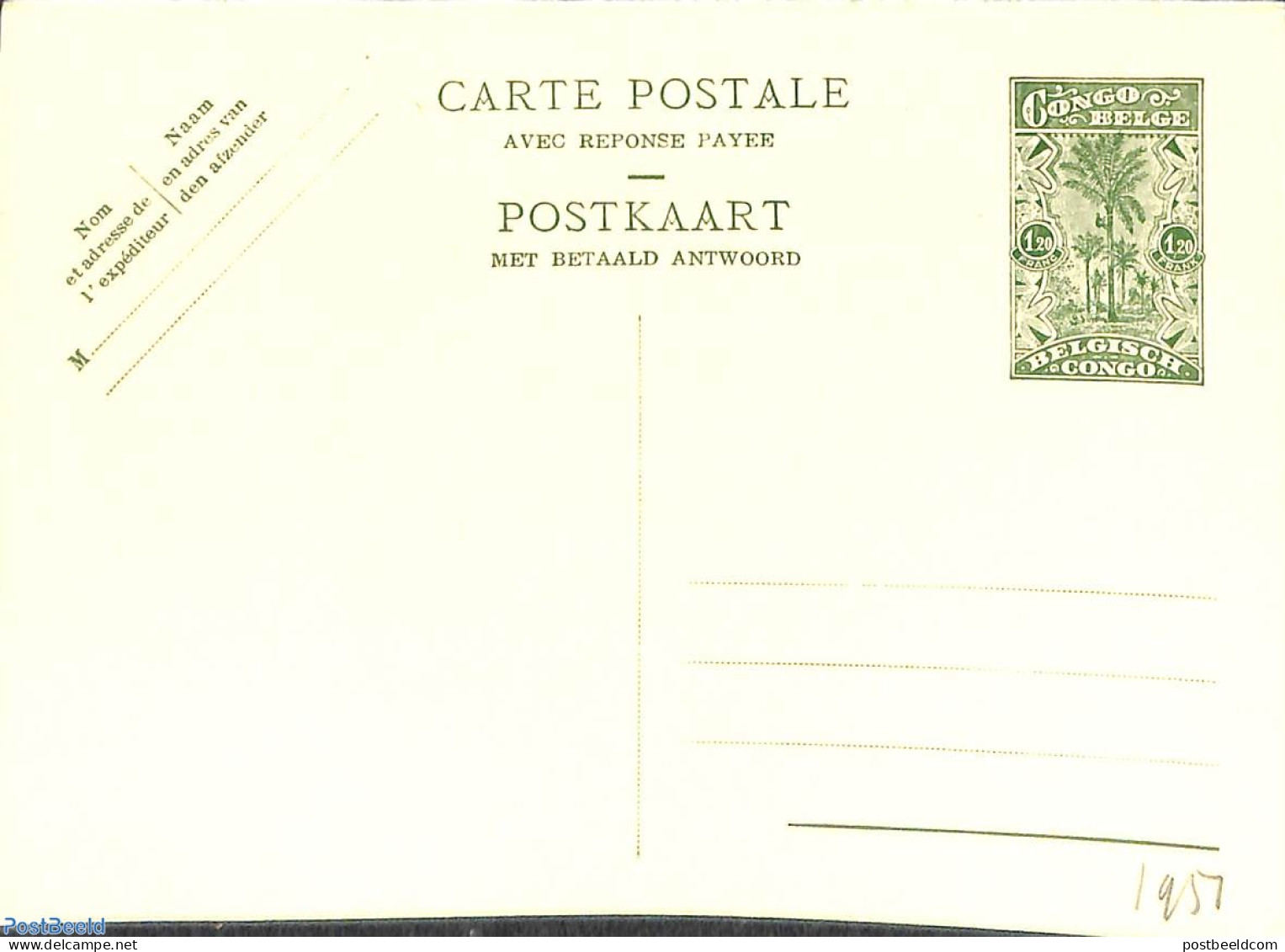 Congo Belgium 1951 Reply Paid Postcard 1.20/1.20, Unused Postal Stationary, Nature - Trees & Forests - Rotary, Lions Club