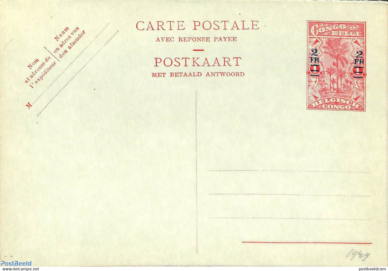 Congo Belgium 1947 Reply Paid Postcard 2f On 1f/2f On 1f, Unused Postal Stationary, Nature - Trees & Forests - Rotary, Lions Club