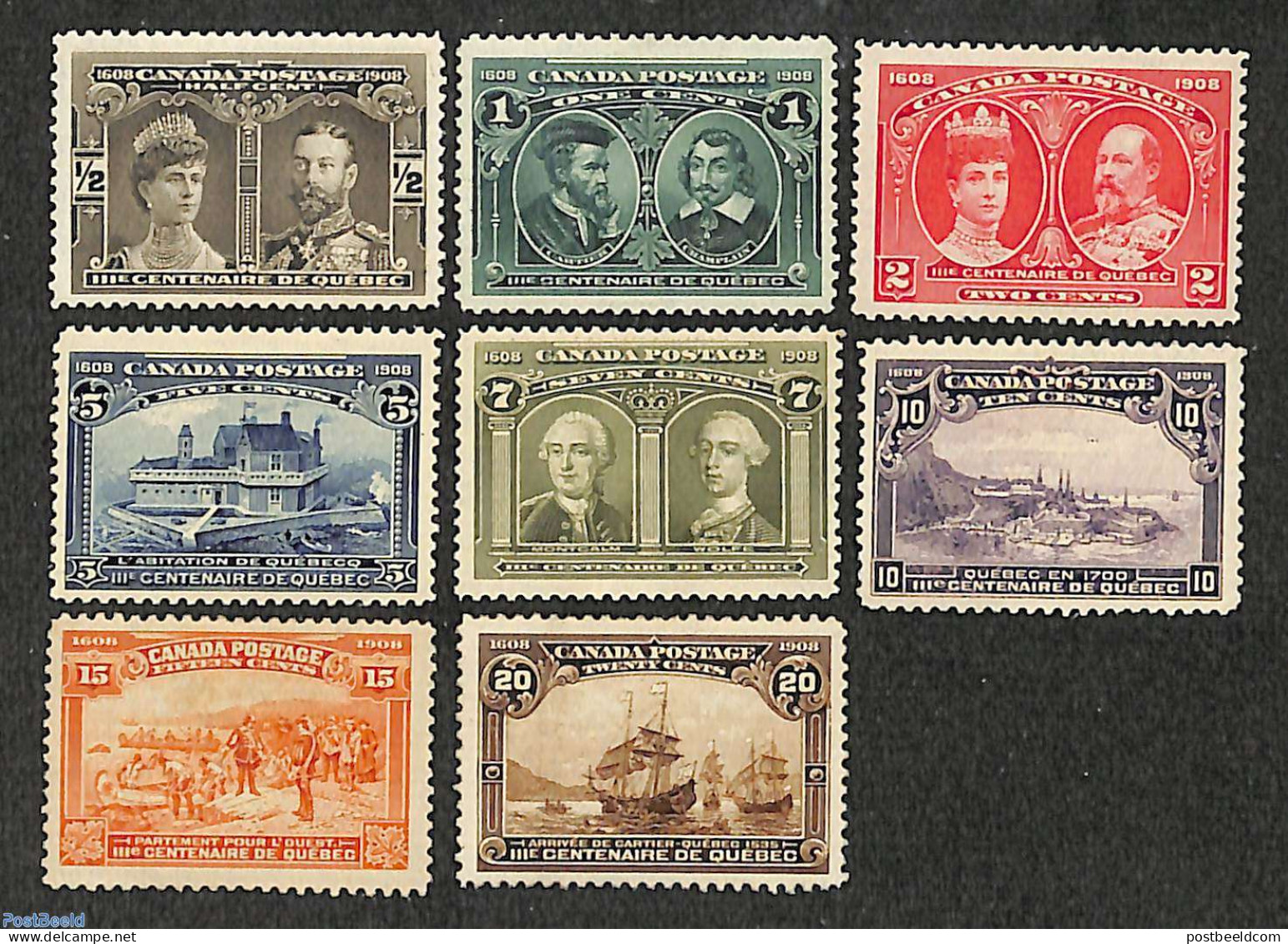 Canada 1908 300 Years Quebec 8v, Unused (hinged), History - Transport - Explorers - Ships And Boats - Ungebraucht