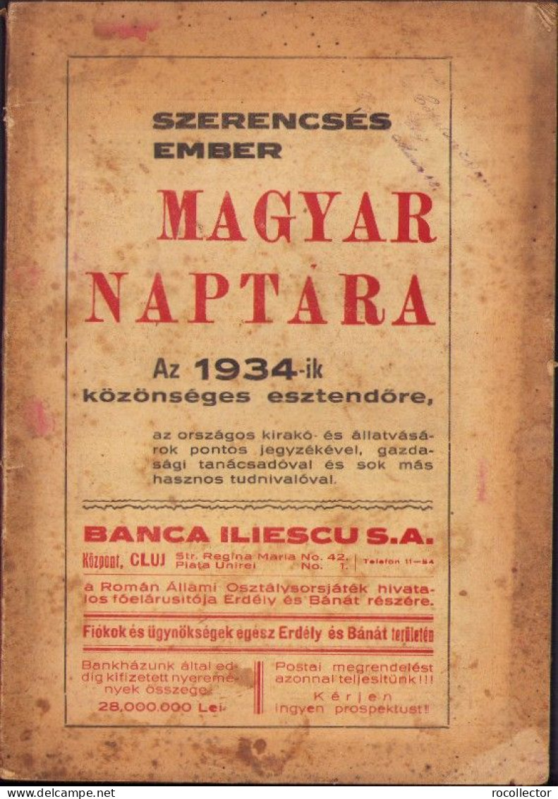 Szerencsés Ember Magyar Naptára Az 1934-ik Közönséges Esztendőre Marosvasarhely 718SPN - Alte Bücher