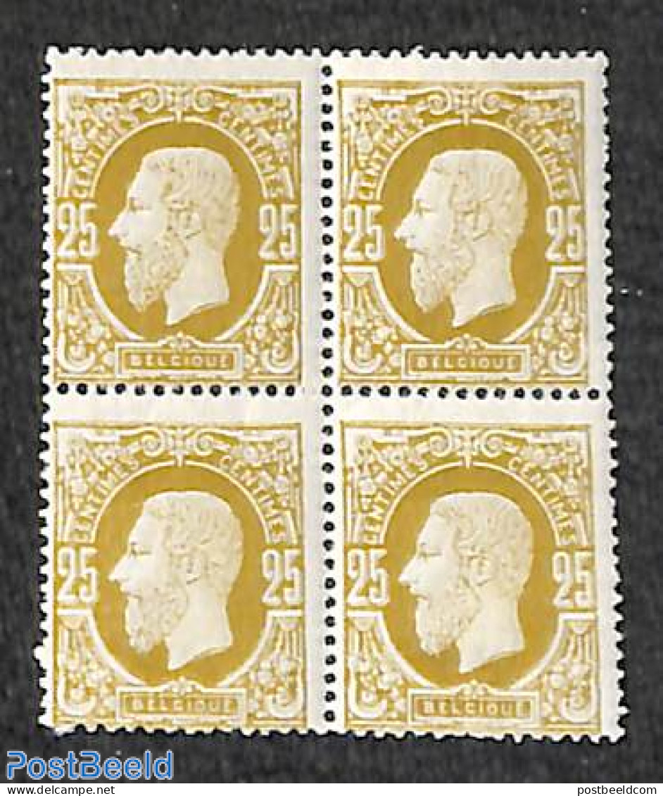 Belgium 1869 25c Oliveyellow, Perf. 15, Block Of 4 [+], MNH, Mint NH - Neufs