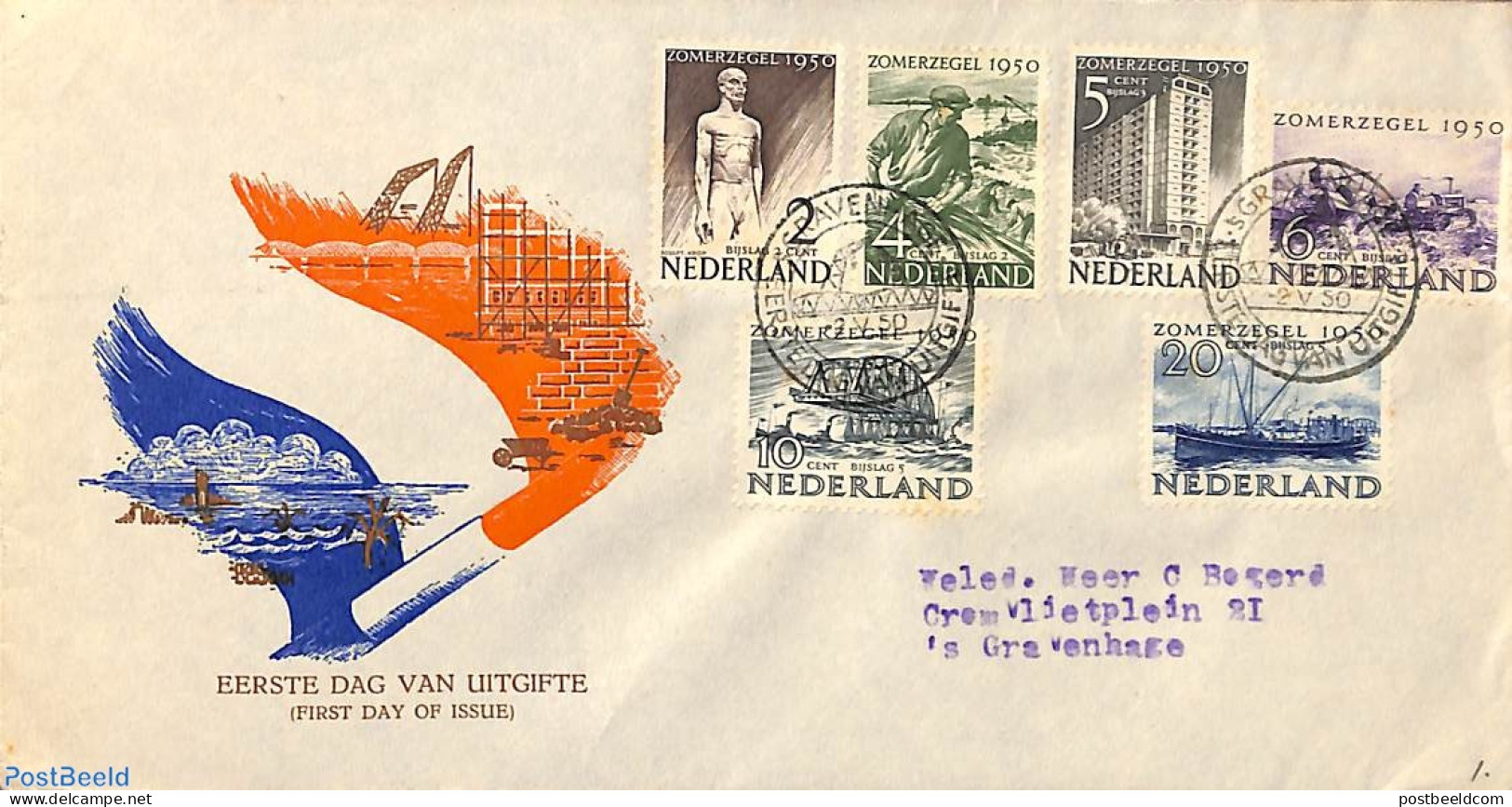 Netherlands 1950 Summer Welfare 6v FDC Without Text 'Zomerzegels 1950', Typed Adress, Closed Flap, Open On Top Side, F.. - Cartas & Documentos
