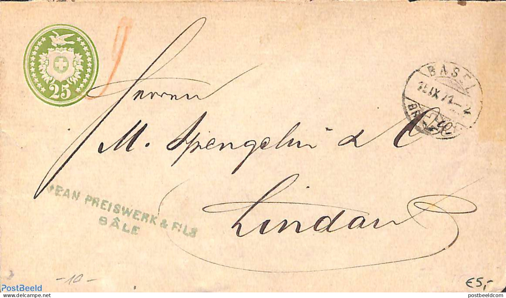 Switzerland 1871 Envelope 25c From Basel To Lindau, Used Postal Stationary - Lettres & Documents