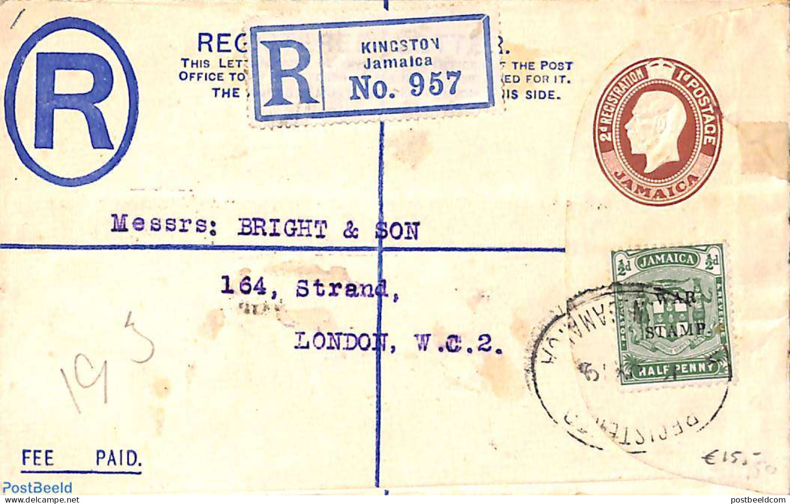Jamaica 1919 Registered Envelope 2d Uprated To London, Used Postal Stationary - Jamaique (1962-...)