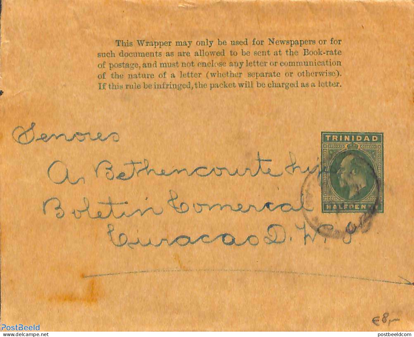 Trinidad & Tobago 1910 Wrapper Halfpenny To Curacao, Used Postal Stationary - Trinidad & Tobago (1962-...)