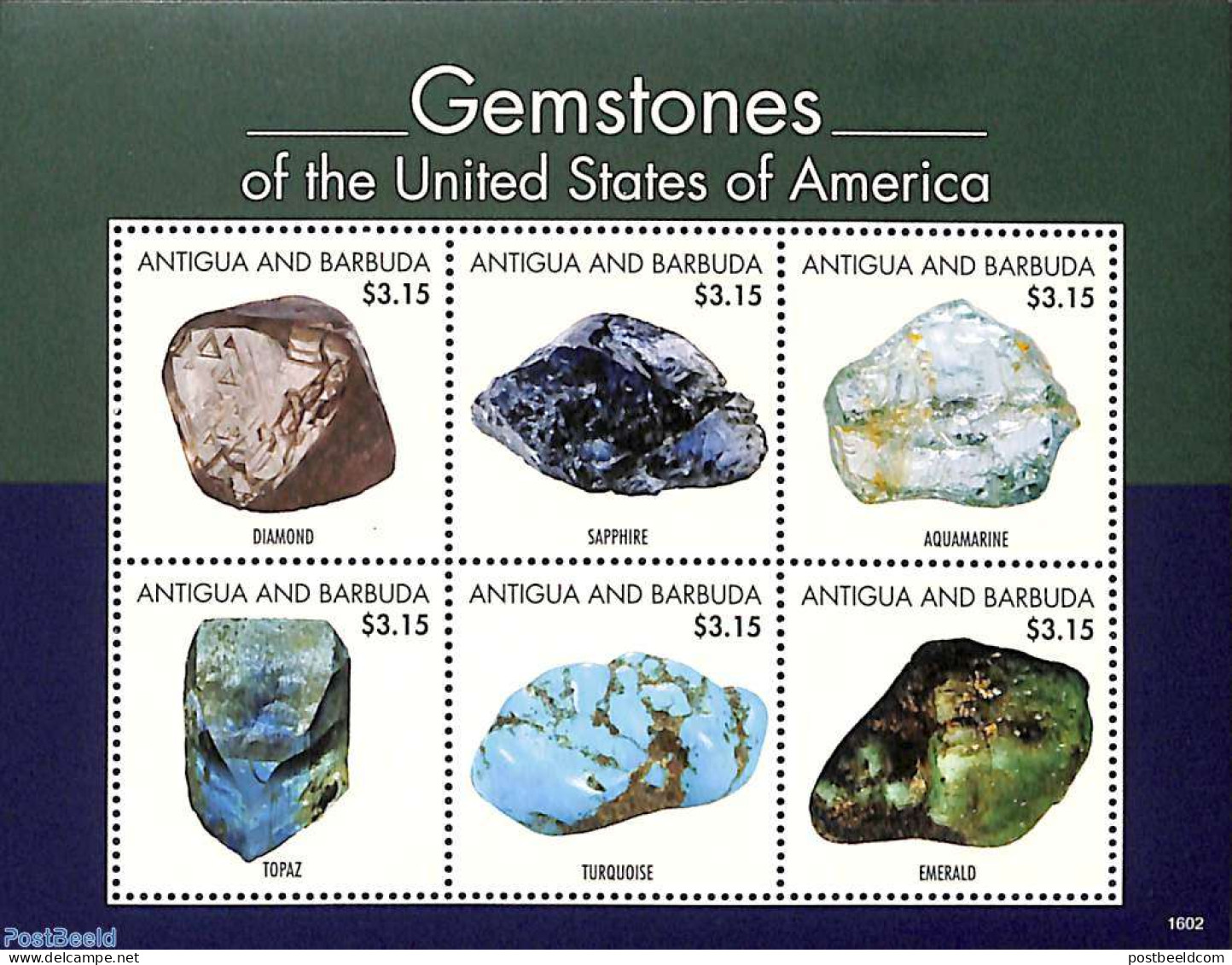 Antigua & Barbuda 2016 Gemstones 6v M/s, Mint NH, History - Geology - Antigua Y Barbuda (1981-...)