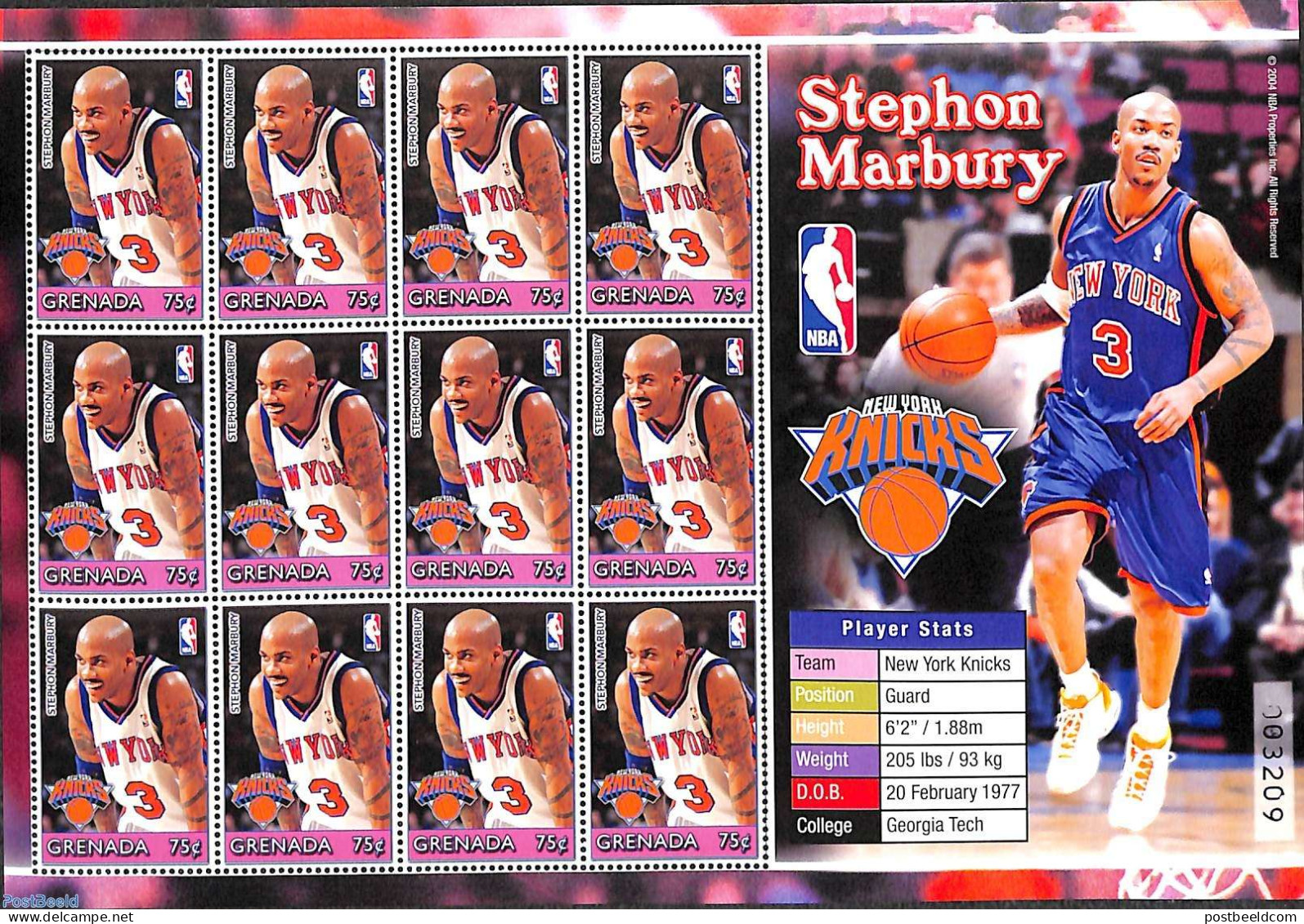 Grenada 2004 Stephon Marbury M/s, Mint NH, Sport - Basketball - Basket-ball
