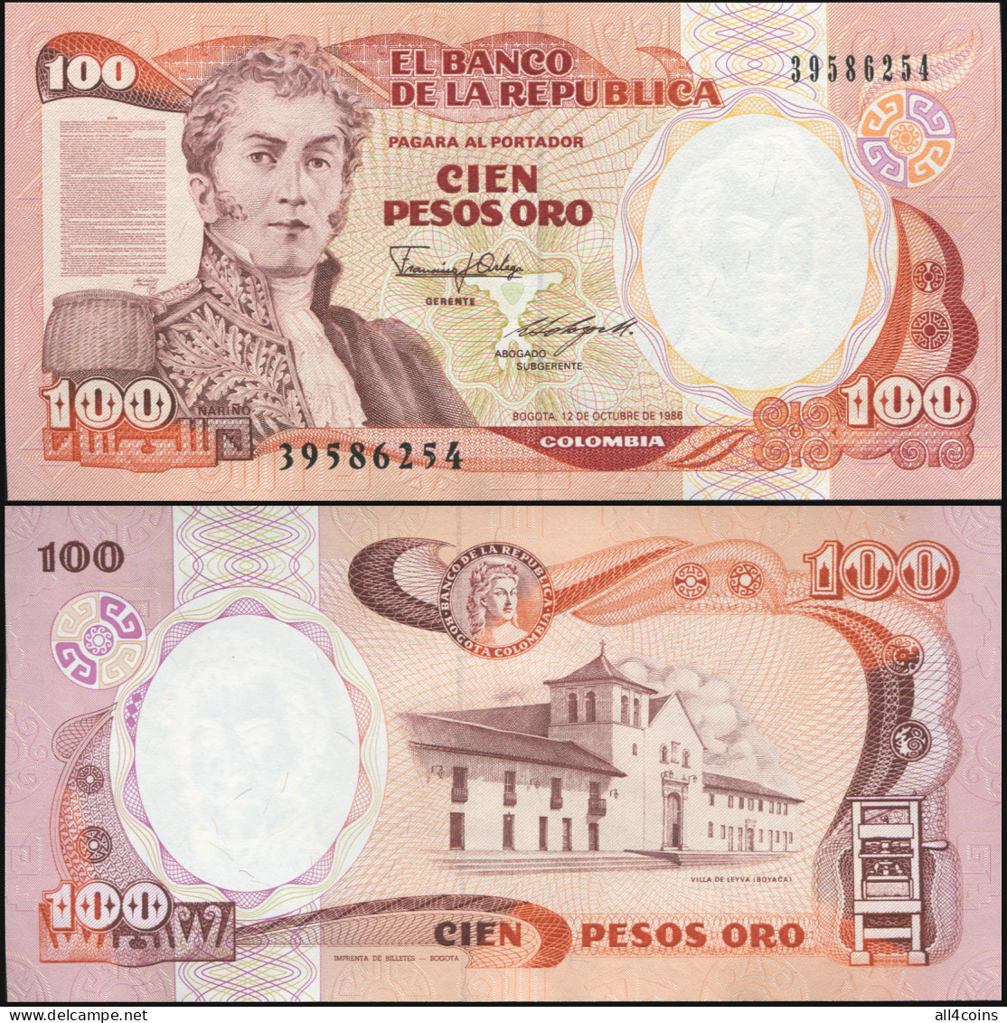 Colombia 100 Pesos Oro. 12.10.1986 Unc. Banknote Cat# P.426b - Colombia