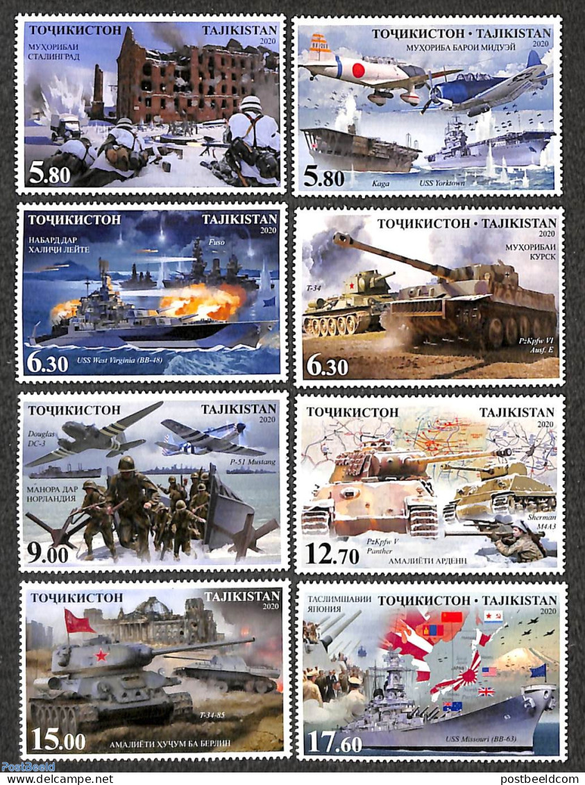 Tajikistan 2020 75 Years Victory 8v, Mint NH, History - Transport - Various - World War II - Aircraft & Aviation - Shi.. - Guerre Mondiale (Seconde)