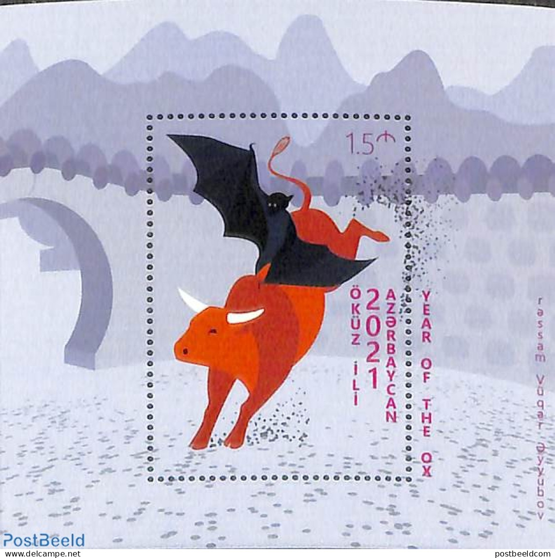 Azerbaijan 2021 Year Of The Ox S/s, Mint NH, Nature - Various - Bats - New Year - Nieuwjaar