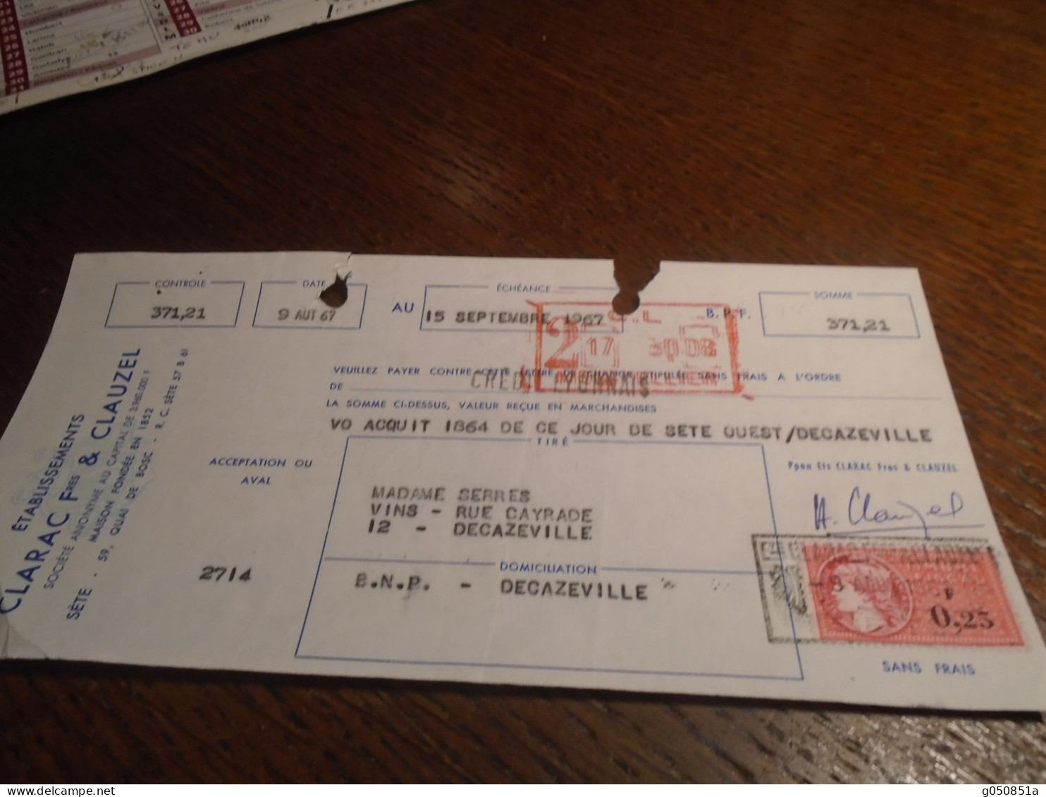 1967 - HERAULT ( Sete)  Pour  AVEYRON  Decazeville ) Lettre De CHANGE  AVEC TP/FISCAL  N° 364 En FRANCS  (1412) - Lettres & Documents