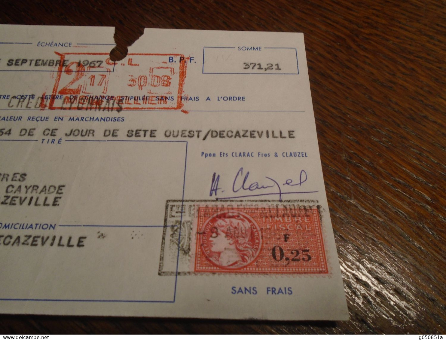 1967 - HERAULT ( Sete)  Pour  AVEYRON  Decazeville ) Lettre De CHANGE  AVEC TP/FISCAL  N° 364 En FRANCS  (1412) - Lettres & Documents