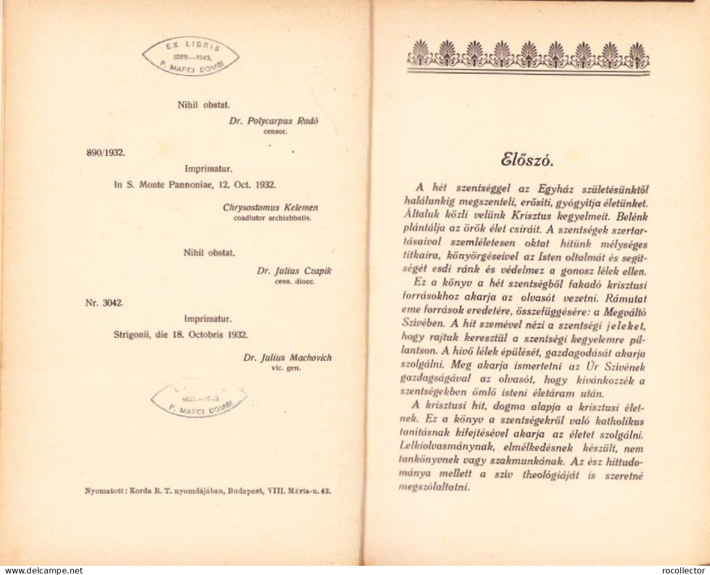 Az örök élet Forrásai A Hét Szentségben Irta Kühár Flóris, 1932 C4313N - Libri Vecchi E Da Collezione