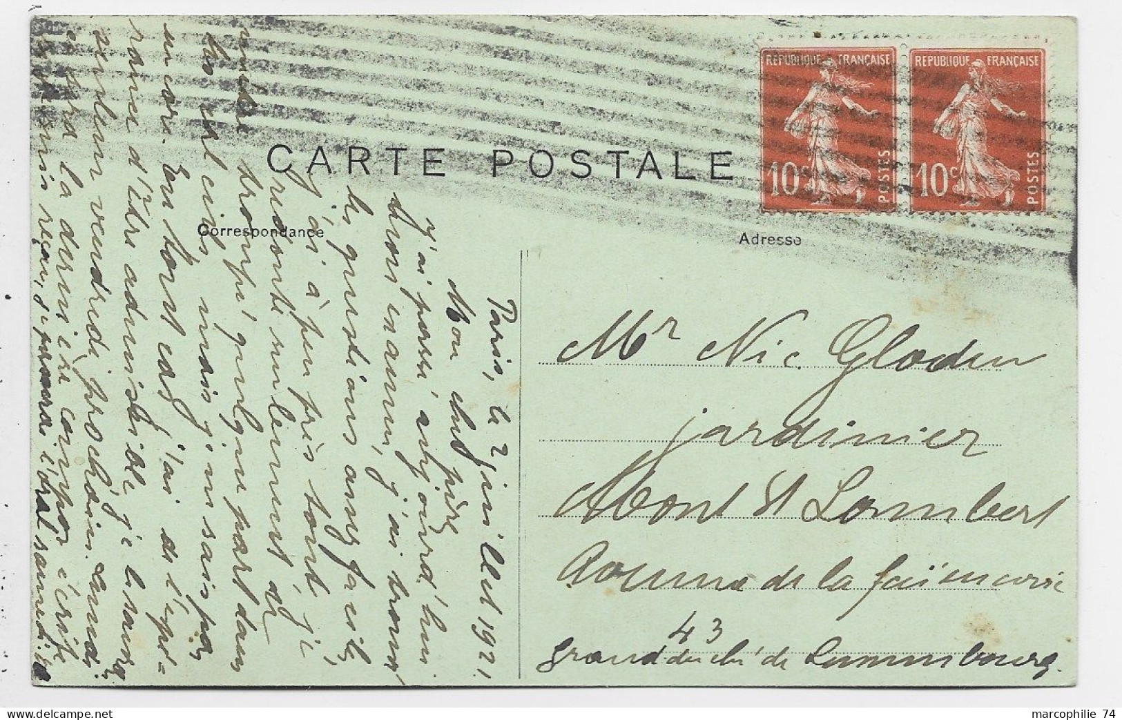 FRANCE SEMEUSE 10C PAIRE CARTE ANNULATION TRAITS NOIRES 10LIGNES POUR LUXEMBOURG  RARE - 1906-38 Säerin, Untergrund Glatt