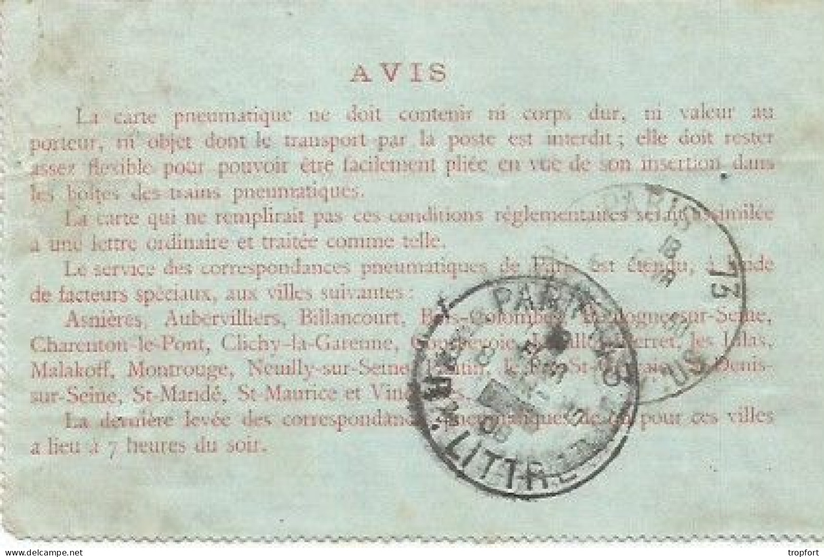 CARTE PNEUMATIQUE   Carte Postale CPA 1908 - Visiting Cards