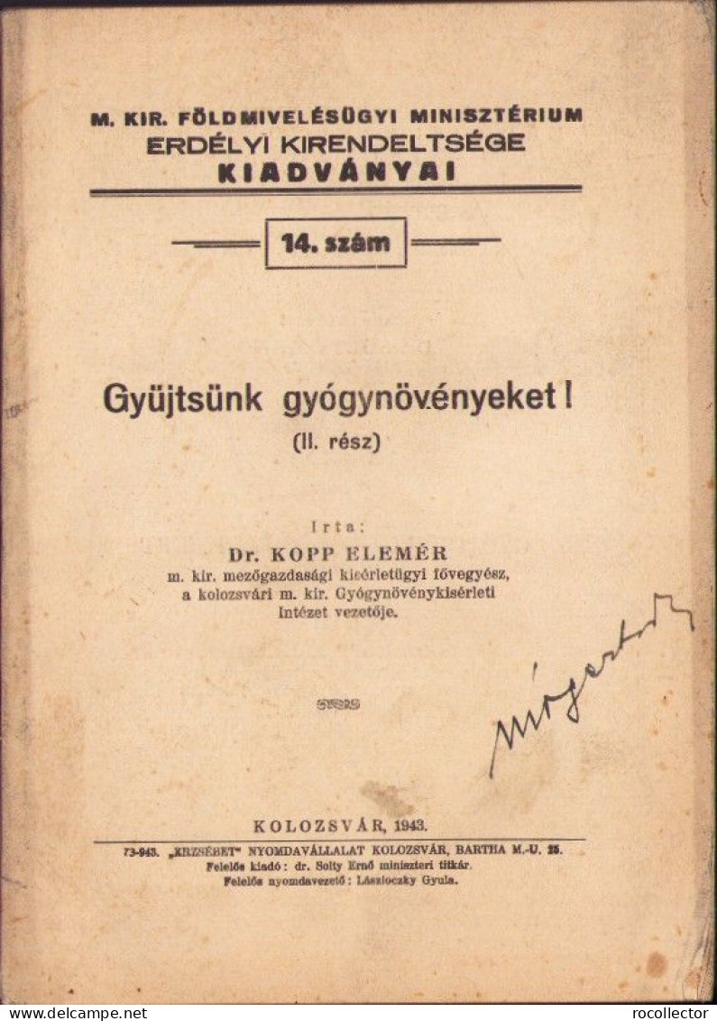 Gyüjtsünk Gyógynövényeket! II Rész, Irta Kopp Elemér, 1943, Kolozsvár C4228N - Libros Antiguos Y De Colección