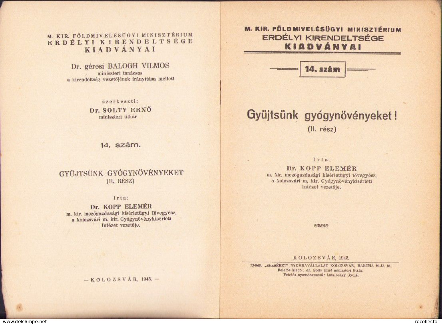 Gyüjtsünk Gyógynövényeket! II Rész, Irta Kopp Elemér, 1943, Kolozsvár C4228N - Libros Antiguos Y De Colección