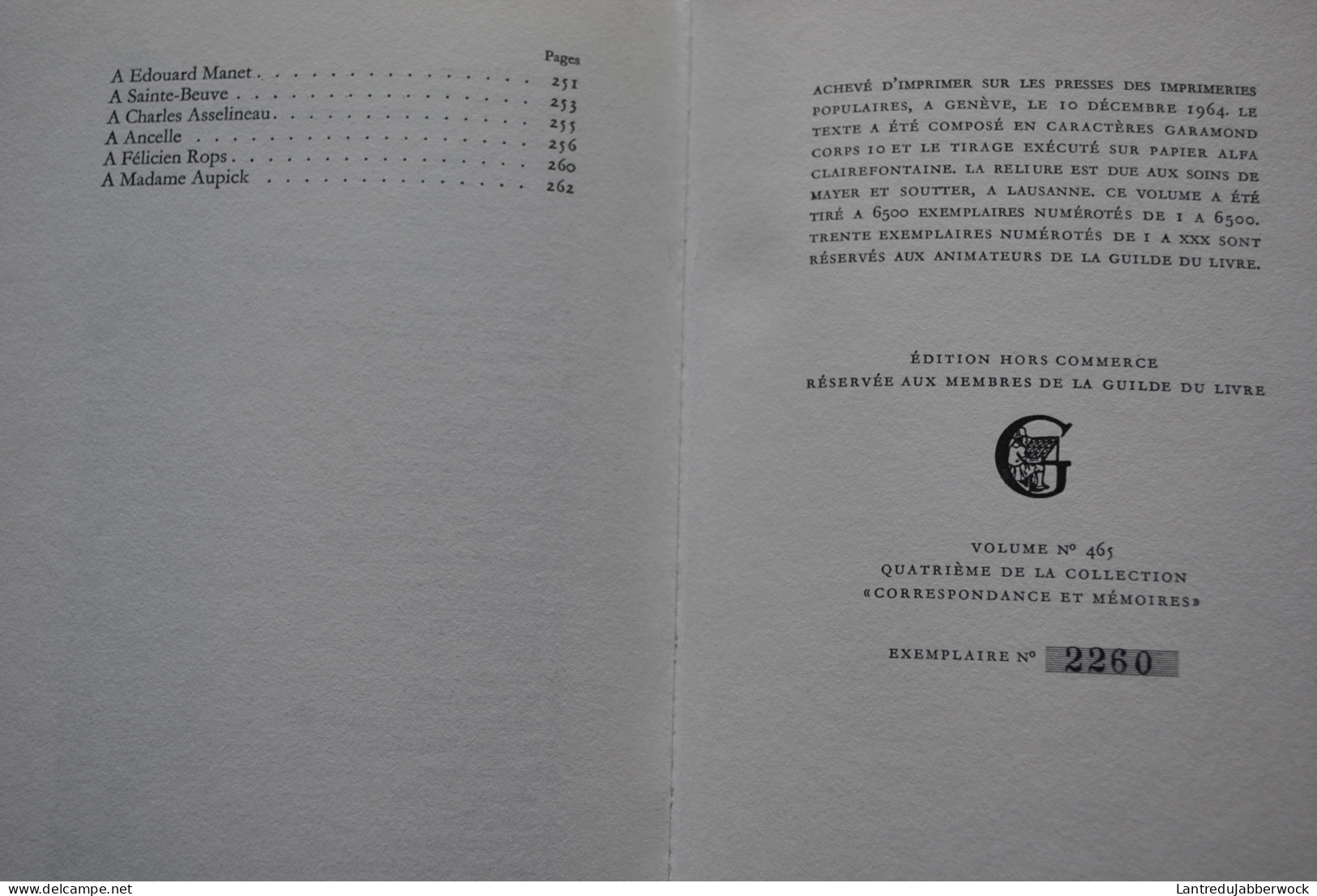 Correspondance De Charles Baudelaire Lettres La Guilde Du Livre Lausane 1964 Tirage Limité 2260/6500 RARE Reliure - Autores Franceses