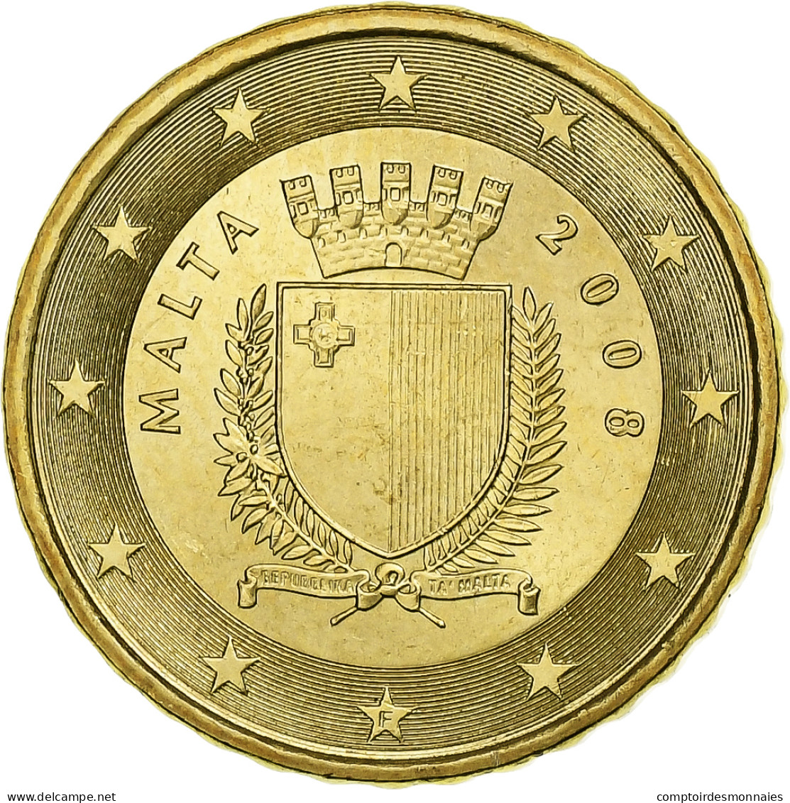 Malte, 10 Euro Cent, The Arms Of Malta, 2008, SUP, Or Nordique - Malta