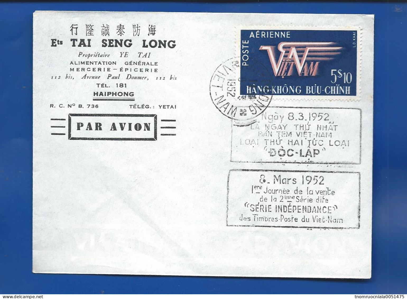 Enveloppe Avec Timbre Poste Aérienne Oblitération HAIPHONG 8-3-1952 - Vietnam