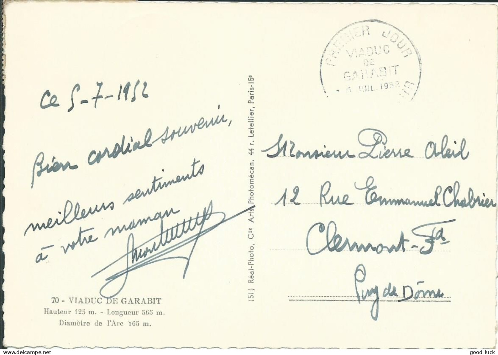 FRANCE CARTE 1er JOUR VIADUC DE GARABIT DE 1952  LETTRE COVER - 1950-1959