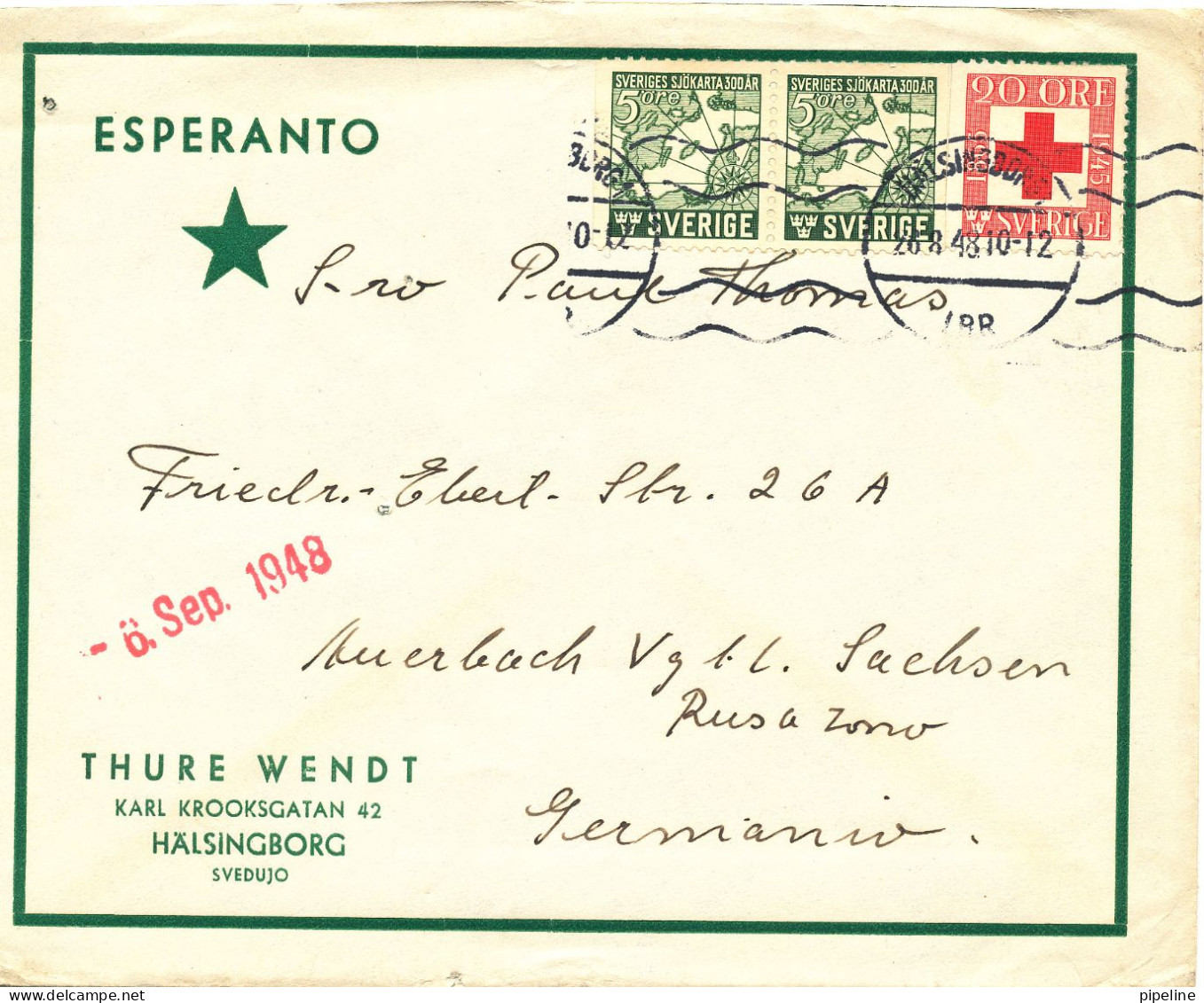 Sweden ESPERANTO Cover Sent To Russian Zone Germany Helsingborg 26-8-1948 (NB: Neadle Marks On The Cover) - Cartas & Documentos