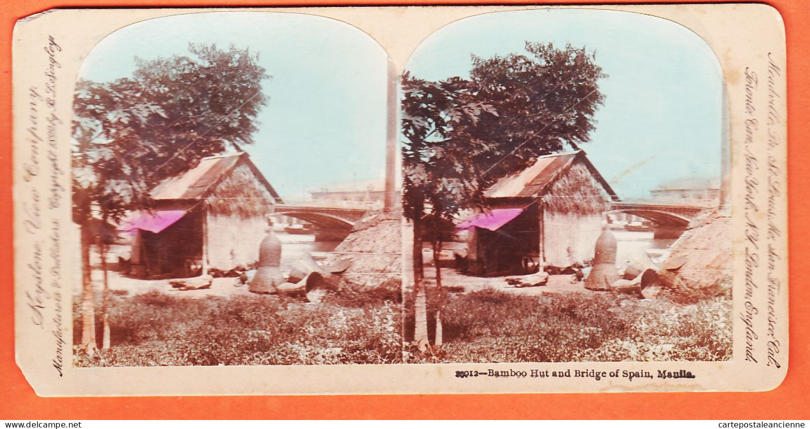 04571 / MANILA Bamboo Hut Bridge SPAIN 1899 Iles PHILIPPINES Manille Hutte Bambous Pont ESPAGNE KEYSTONE View Company  - Stereoscopio