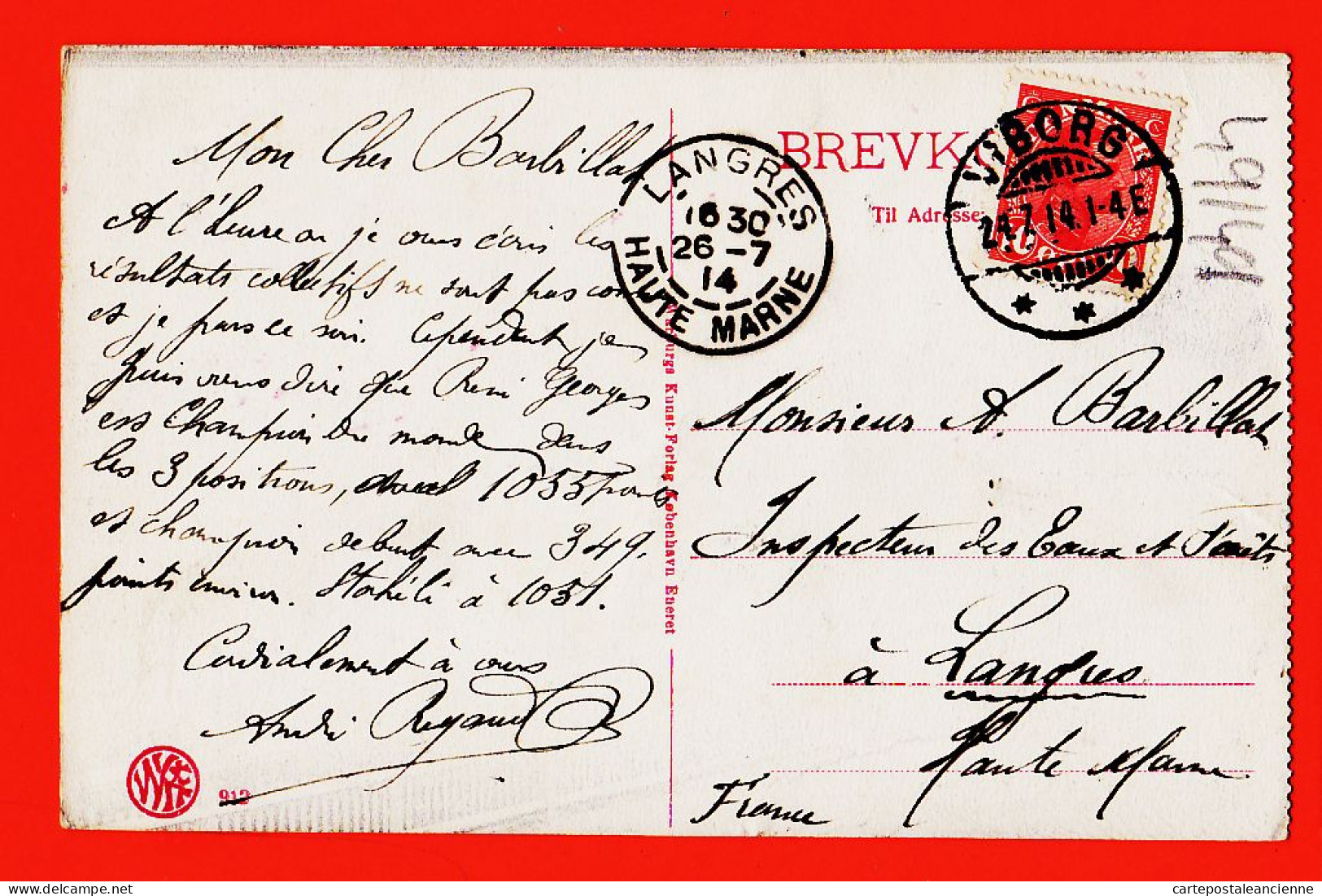 04685 / ⭐ ◉ ♥️ Rare Lisez René GEORGES Champion MONDE Tir VIBORG Provinsarkivet Danmark 1914 à BARBILLAT Langres - Danemark